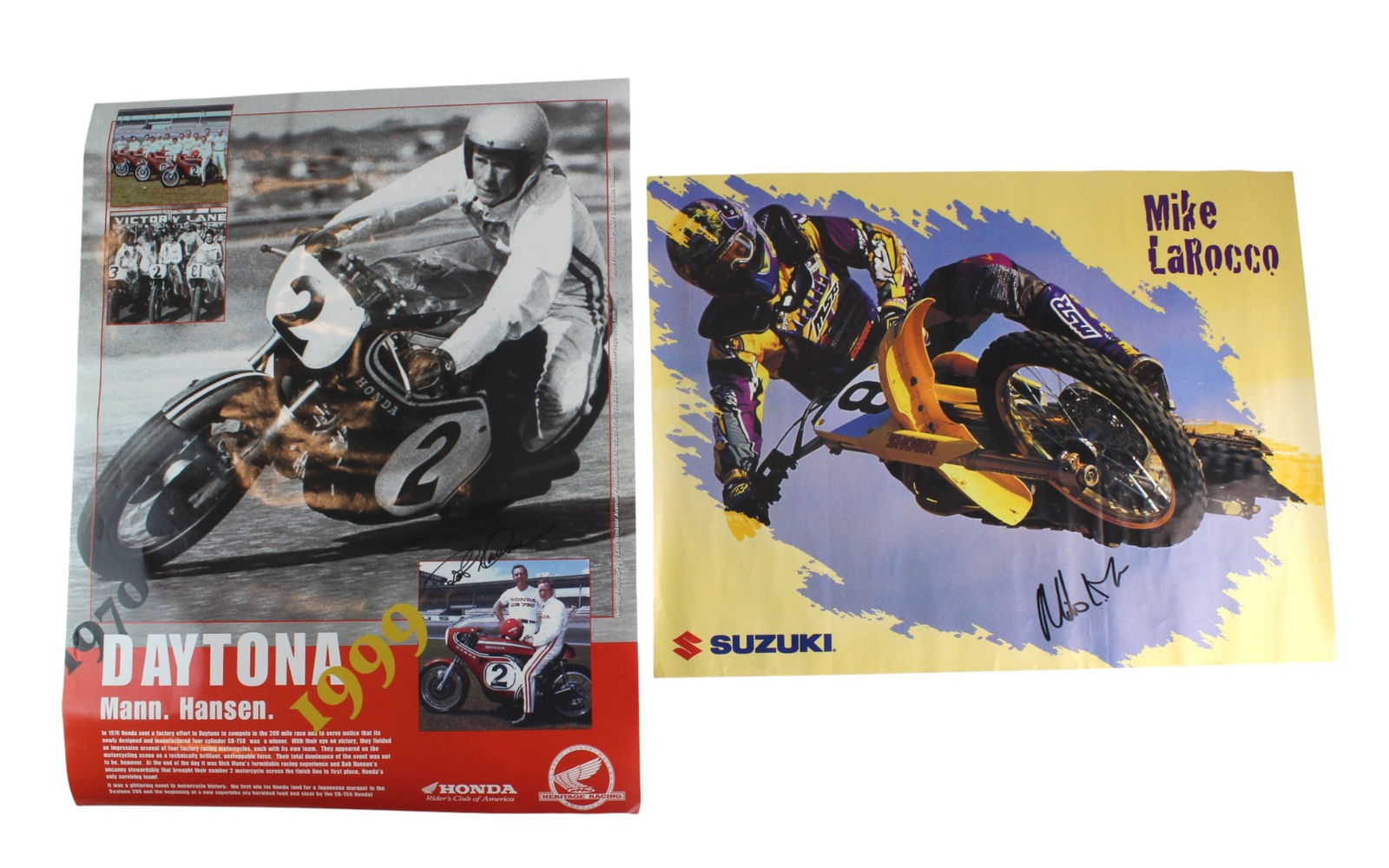 Two Signed Motorcycle Racing Posters: Pair of signed motorcycle racing posters featuring classic competition imagery and rider autographs. Includes one poster measuring 17 X 22 in. signed by Dick Mann / Bob Hansen, and one measuring 15 X
