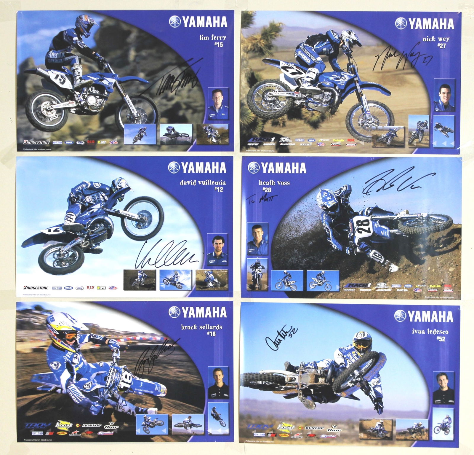 Six Signed Yamaha Motocross Rider Posters: Group of six original Yamaha motocross posters, each hand-signed by professional riders (including Tim Ferry, Nick Wey, David Vuillemin, Heath Voss, Brock Sellards, and Ivan Tedesco). Each poster