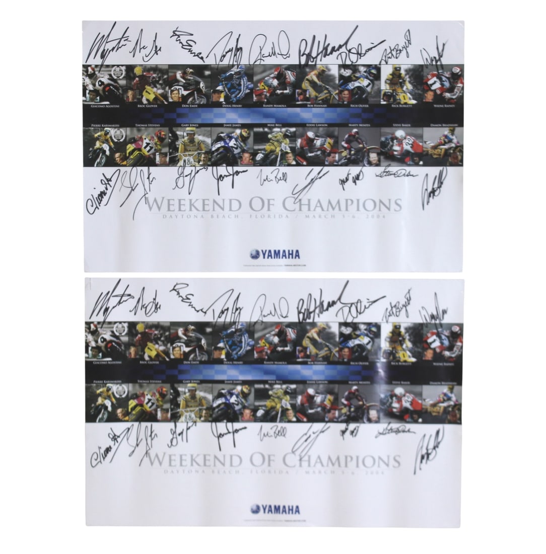 Two Signed Yamaha Motorcycle Racing Posters: Set of two Yamaha “Weekend of Champions” motorcycle racing posters, each boldly signed by multiple riders. Feature collage images of legendary racers and event details from Daytona Beach,