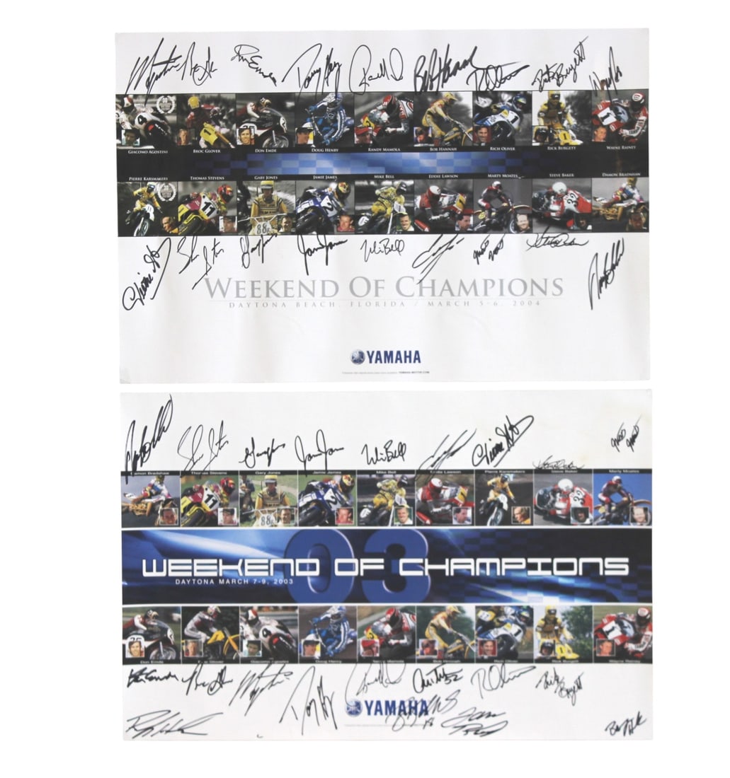 Two Signed Yamaha Motorcycle Racing Posters: Set of two Yamaha “Weekend of Champions” motorcycle racing posters, each boldly signed by multiple riders. Feature collage images of legendary racers and event details from Daytona Beach,