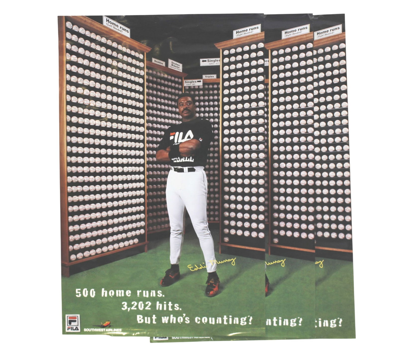Three Eddie Murray Sports Poster Prints: Set of three Eddie Murray sports poster prints featuring the iconic “500 home runs, 3,202 hits” design. Each poster measures 23 × 36 in. Posters show visible handling wear including light