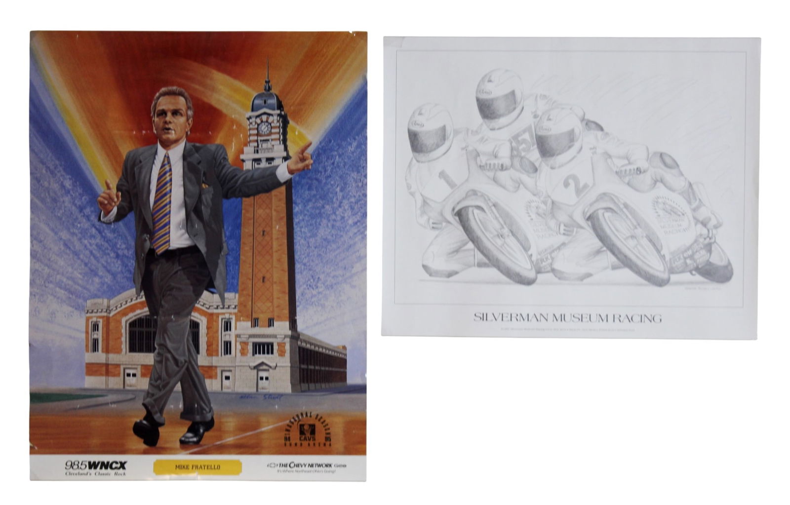 Two Vintage Sports & Racing Poster Prints: Group of two poster prints featuring a Mike Fratello Cleveland Cavaliers arena artwork and a Silverman Museum Racing illustration. Includes one larger basketball-themed poster measuring 18 X 24 in.