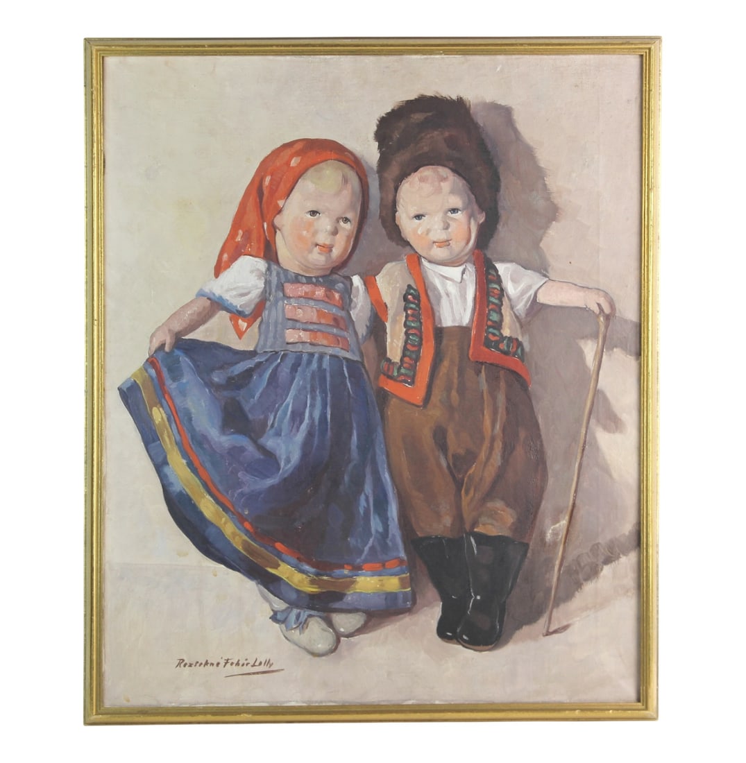 Lolly Fehér, Two Children in Folk Dress, O/C: Oil on canvas painting by Lolly Fehér (Hungarian artist, 1904-1990) depicting dolls in Hungarian traditional dress. 21 X 25 in. Good overall condition with light surface wear, minor age-related