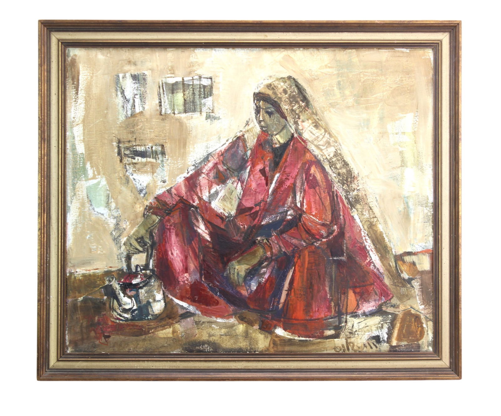 Ruth Schloss, Woman Figure, O/C: Ruth Schloss (Israeli, 1922-2013), original oil on canvas depicting a seated female figure in an expressive, modern style with bold brushwork and layered tones. Signed lr. Painting measures 21 X 25