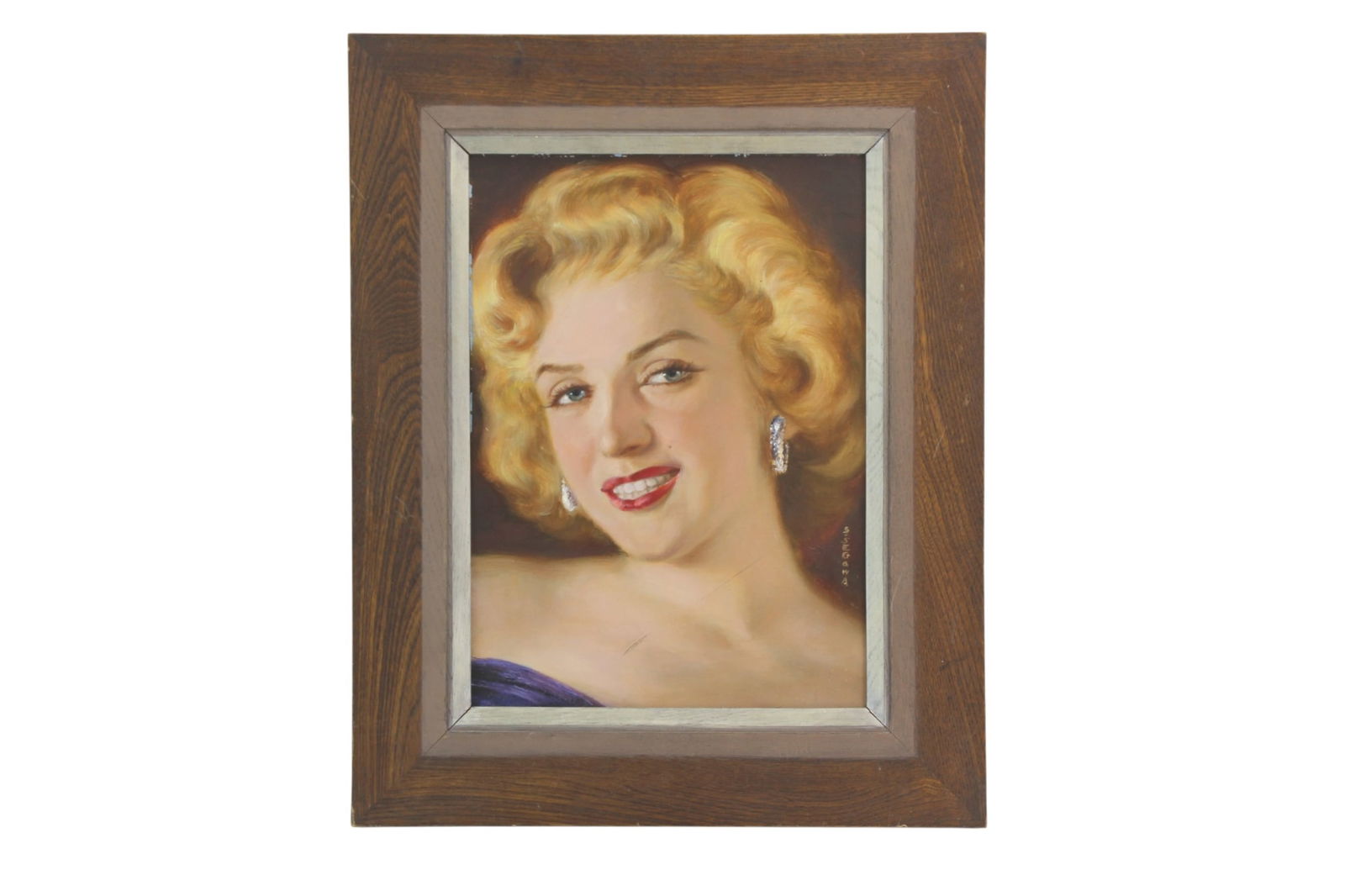 S. Segawa, Marilyn Monroe Portrait, O/C: A framed portrait oil painting depicting Marilyn Monroe in a classic Hollywood style. Signed by the artist S. Segawa on the right side. Painting measures approx. 9 X 13 in., and the frame measures