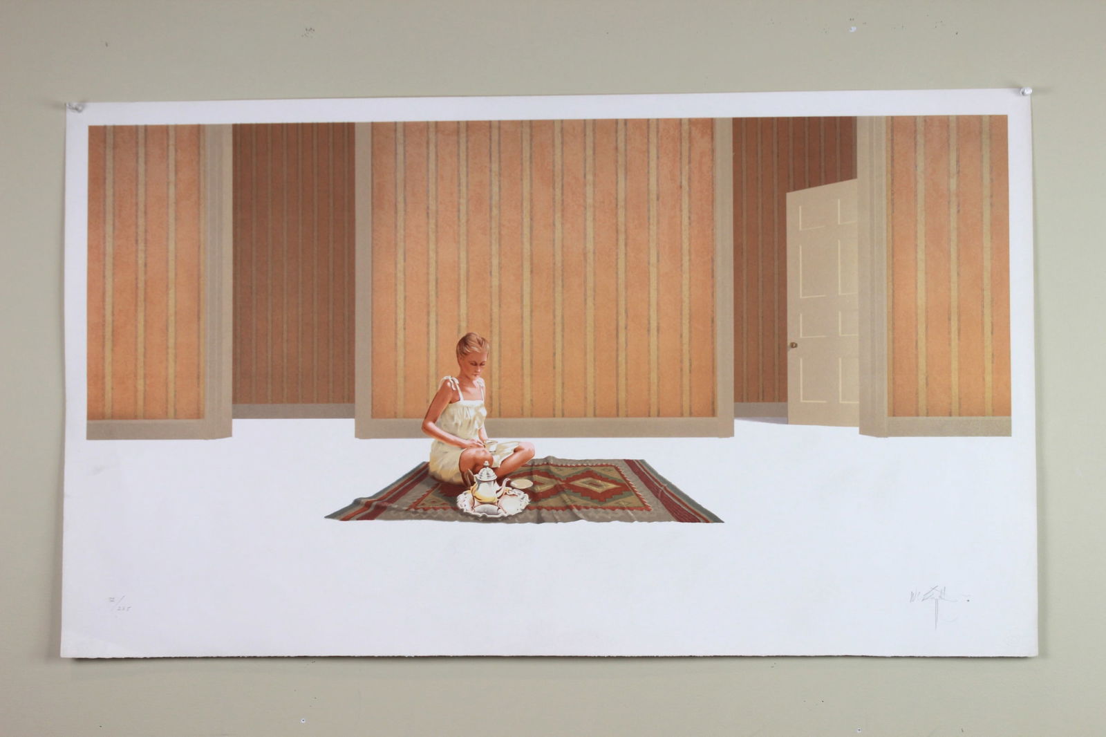 William Baggett, Jr, Travel Fantasy, Lithograph: Signed lithograph by William Baggett, Jr. (American 1946), titled Travel Fantasy. showing a girl having tea alone in a minimalist, panel-walled room. Limited edition 72/285, published by Siena. The