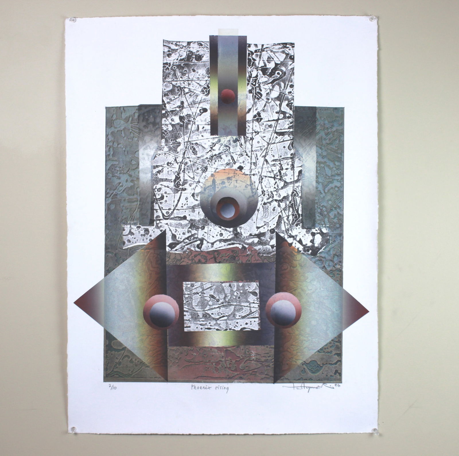 Signed & Numbered Lithograph by Tadeusz Lapinski: Limited edition abstract lithograph titled Phoenix Rising by Tadeusz Lapinski (1928 - 2016), dated 1996. Numbered 2/10, featuring geometric forms and metallic textures in vibrant tones. Hand-signed