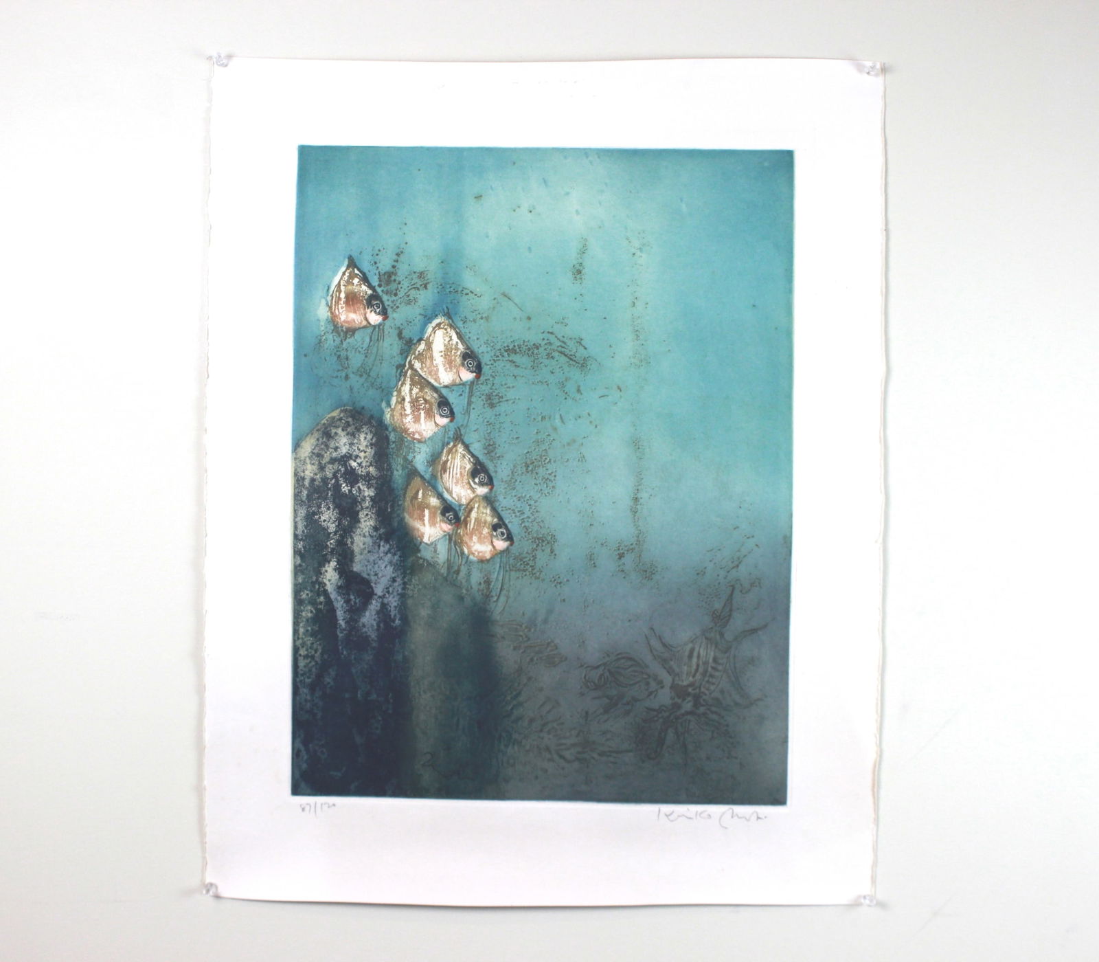 Kaiko Moti, Six Fish Aquatint, Signed Lithograph: Signed limited edition lithograph by Keiko Moti, titled Six Fish Aquatint, featuring a serene underwater scene with a group of fish and etched aquatic details. Numbered 87/120 and signed in pencil by