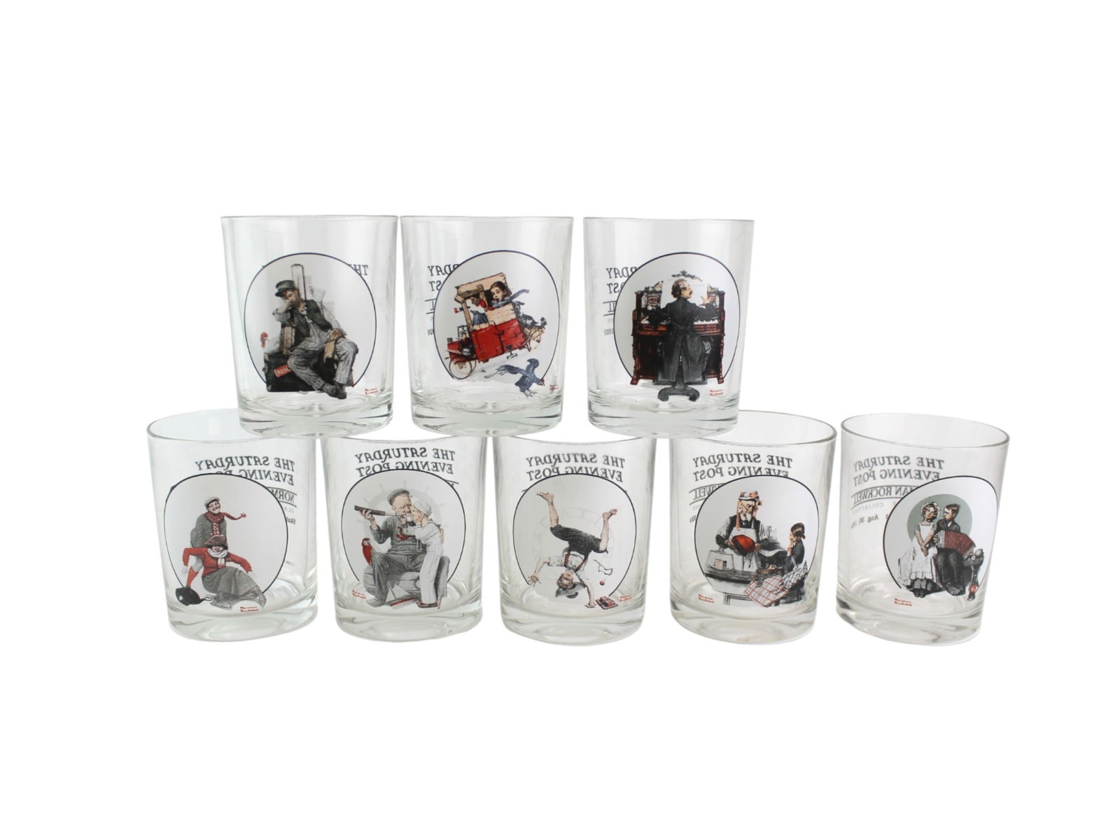 8 Norman Rockwell Glassware Collection Tumblers: Eight Norman Rockwell Glassware Collection "The Saturday Evening Post" Tumblers, Each tumber measures approximately 4 in. (H) X 3 1/2 in. (D). Includes Skaters, Feb.7, 1920; Setting One's Sight,