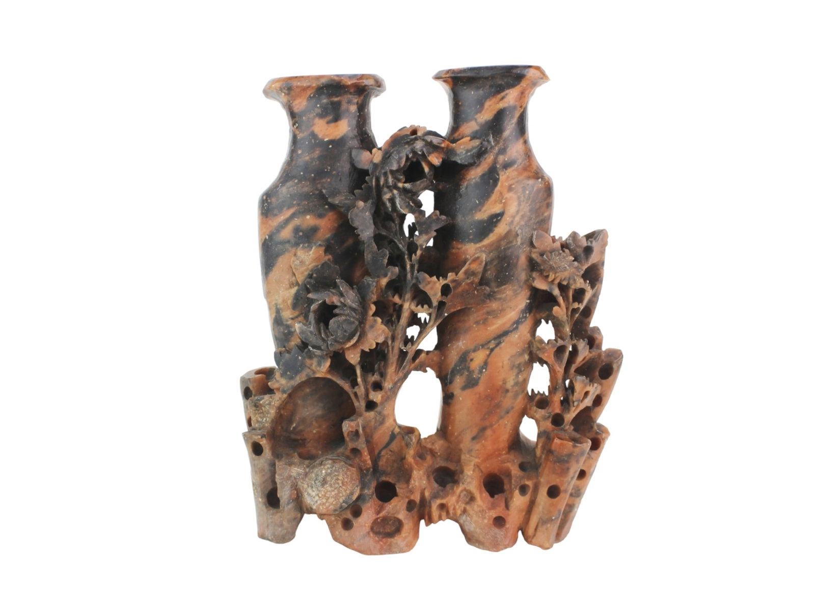Chinese Carved Soapstone Vase with Floral Motif: This is a Chinese carved soapstone double vase featuring two vessels with intricate floral and foliage designs. The stone has natural brown and black marbling, and the detailed carving includes