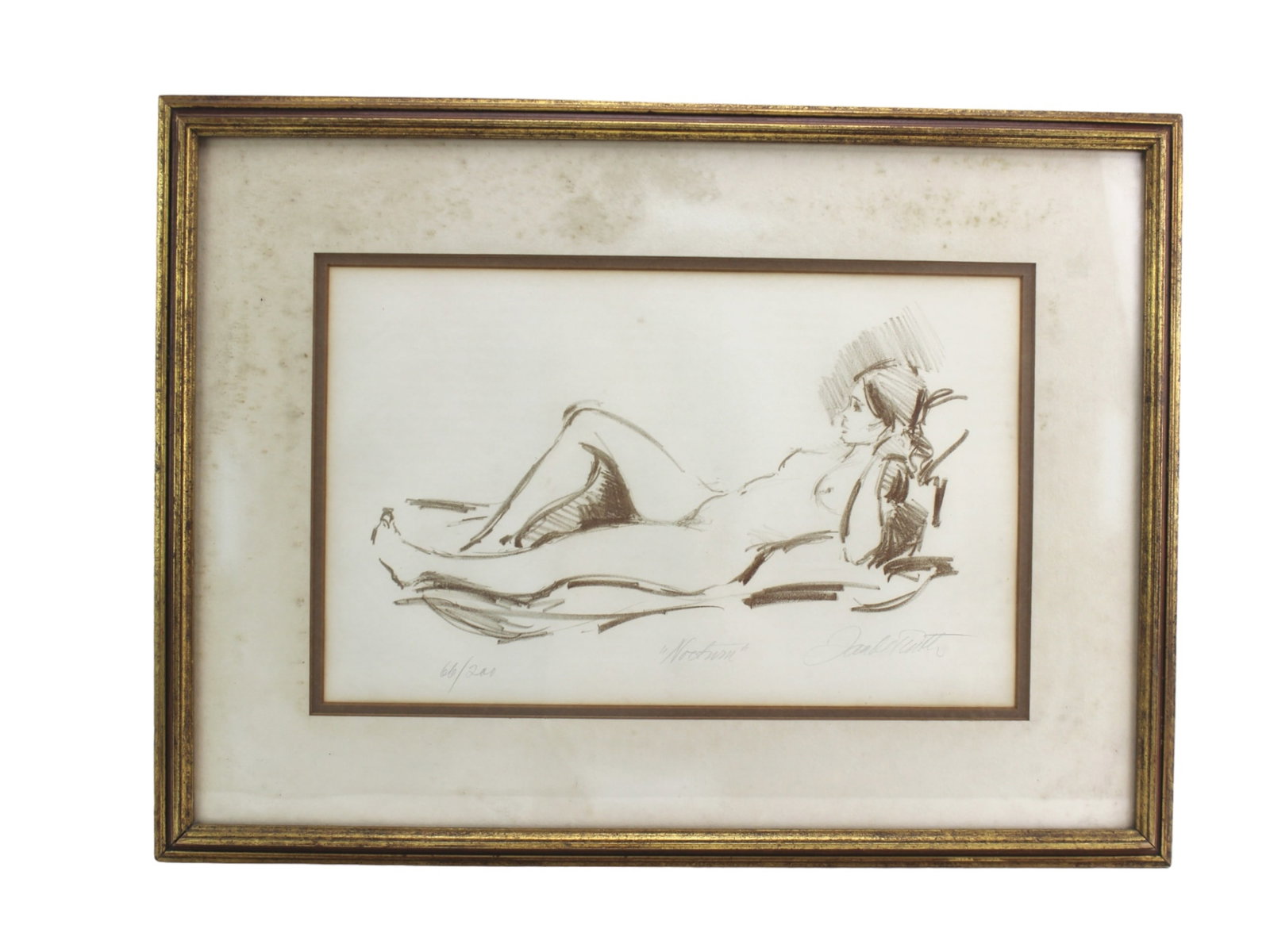 Jan De Ruth, Nocturne, Signed Lithograph: A limited edition lithograph titled "Nocturne", numbered 66/200 and signed by artist Jan De Ruth (1922-1991). The sepia-toned sketch features a reclining nude woman rendered in expressive, confident s