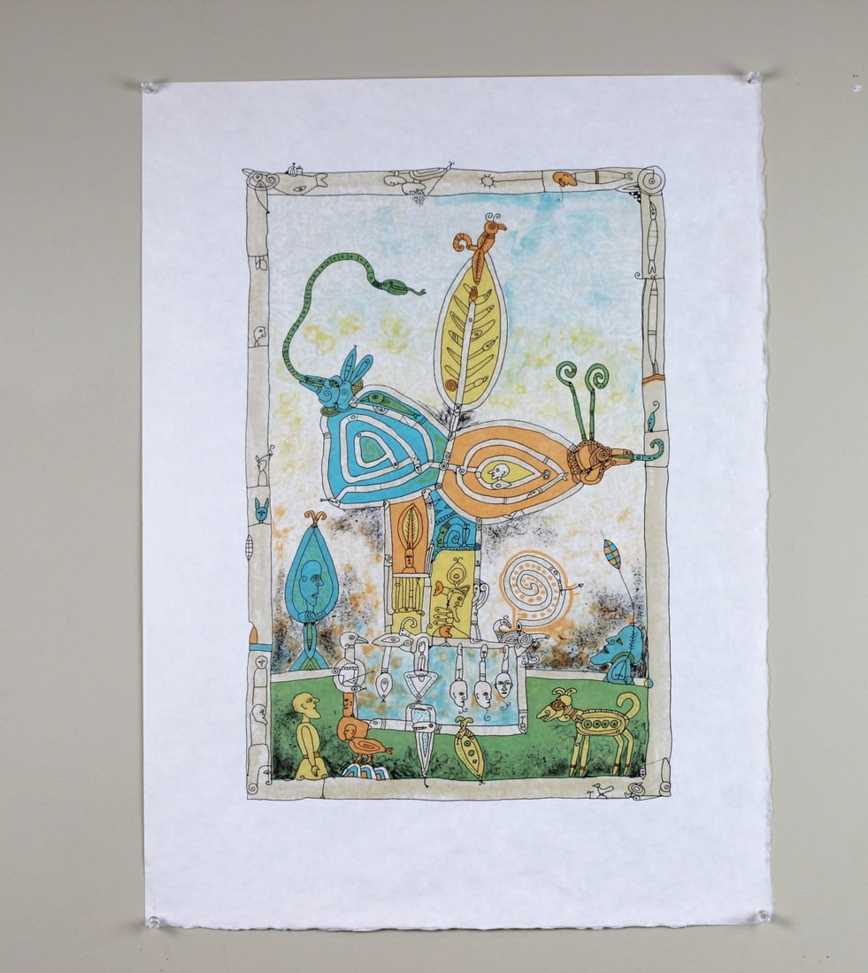 Bernard Berthois-Rigal, Original Etching: Hand-signed etching titled "Mystical World II" by Bernard Berthois-Rigal (French, b1927), featuring a whimsical creature surrounded by surreal figures and decorative elements in a vibrant, imaginative