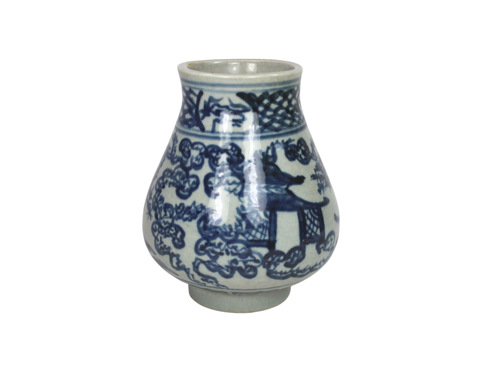 Small Chinese Blue and White Jar: Chinese blue and white pear-shaped porcelain jar decorated with garden scene, pavilions, trees, and figures. Short foot with unmarked base. Age-appropriate wear. Approx. 5 1/2 in. (H).