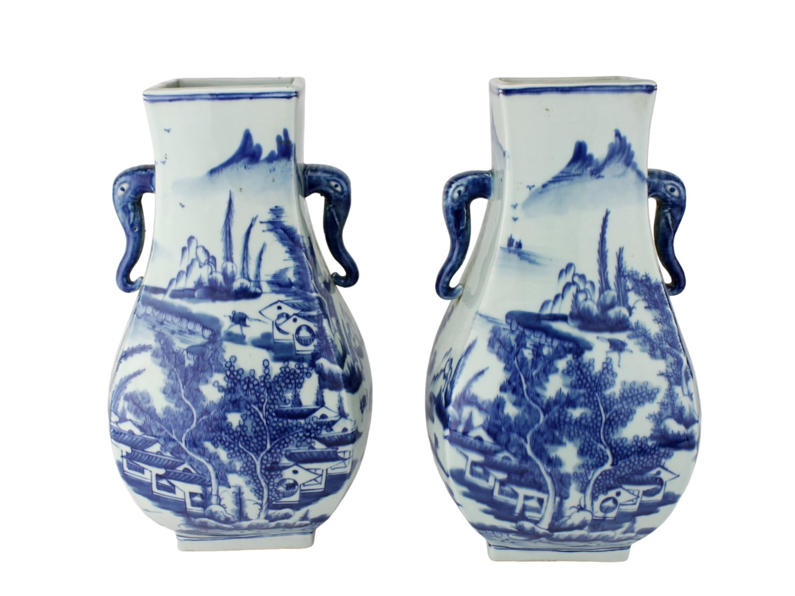 Pair of Chinese Blue & White Square Vases (1 of 7)