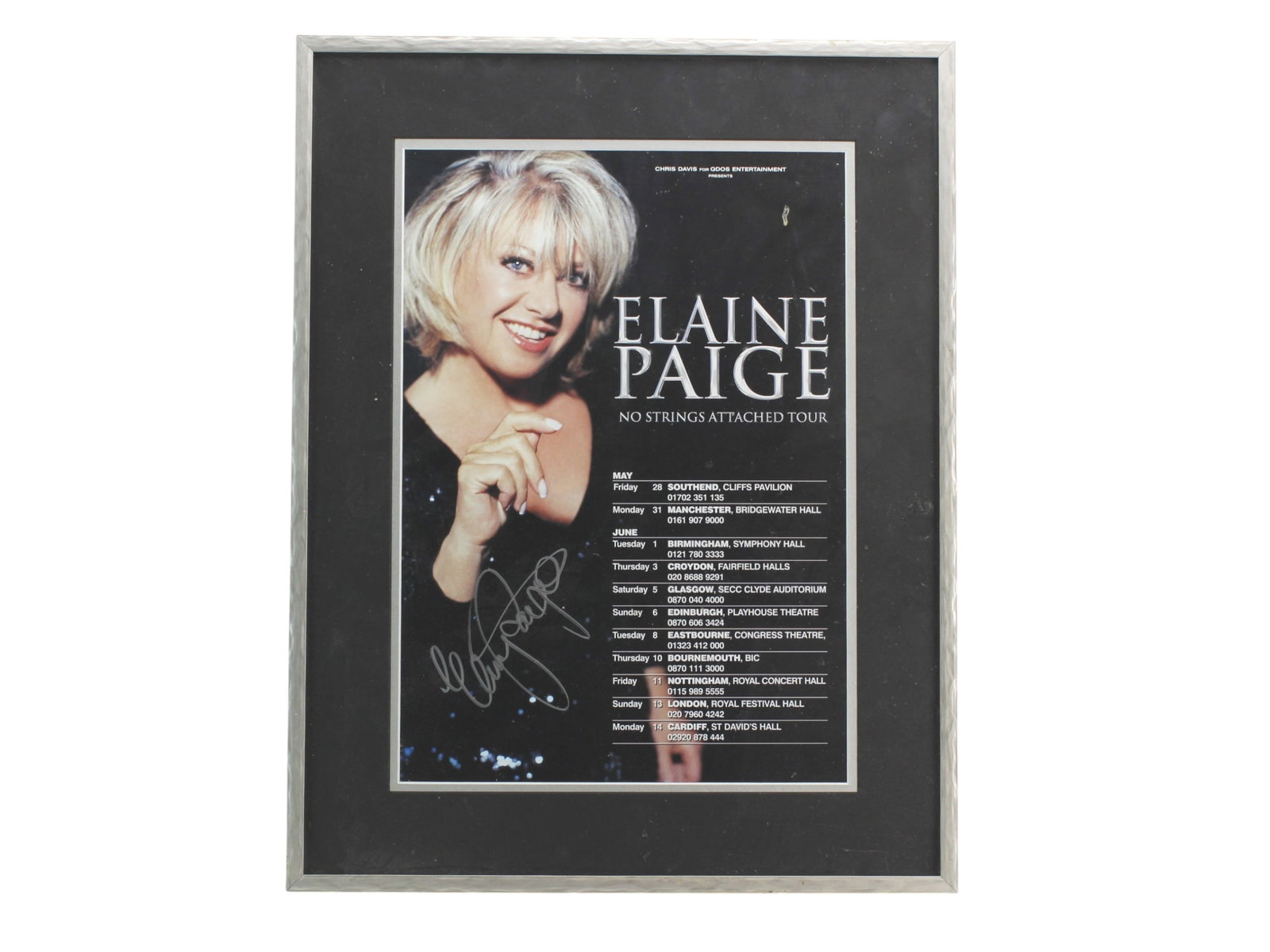 Elaine Paige Signed Tour Poster (Framed): Framed autographed poster for Elaine Paige’s “No Strings Attached Tour,” featuring her portrait and UK concert schedule. Signed in silver ink lower left. Approx. 17 × 22 in. Poster and