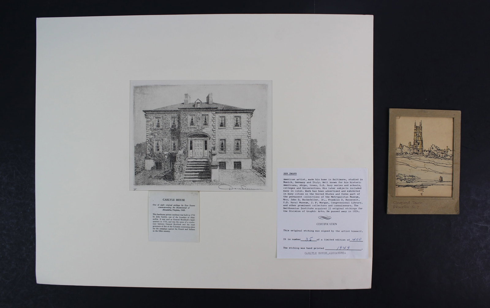 Carlyle House Etching by Don Swann, 1949: Original hand-printed etching titled Carlyle House, Alexandria by Don Swann, numbered 35/400 and dated 1949. Measures 5 3/4 inches high by 7 3/4 inches wide. Includes artist bio and certification. The