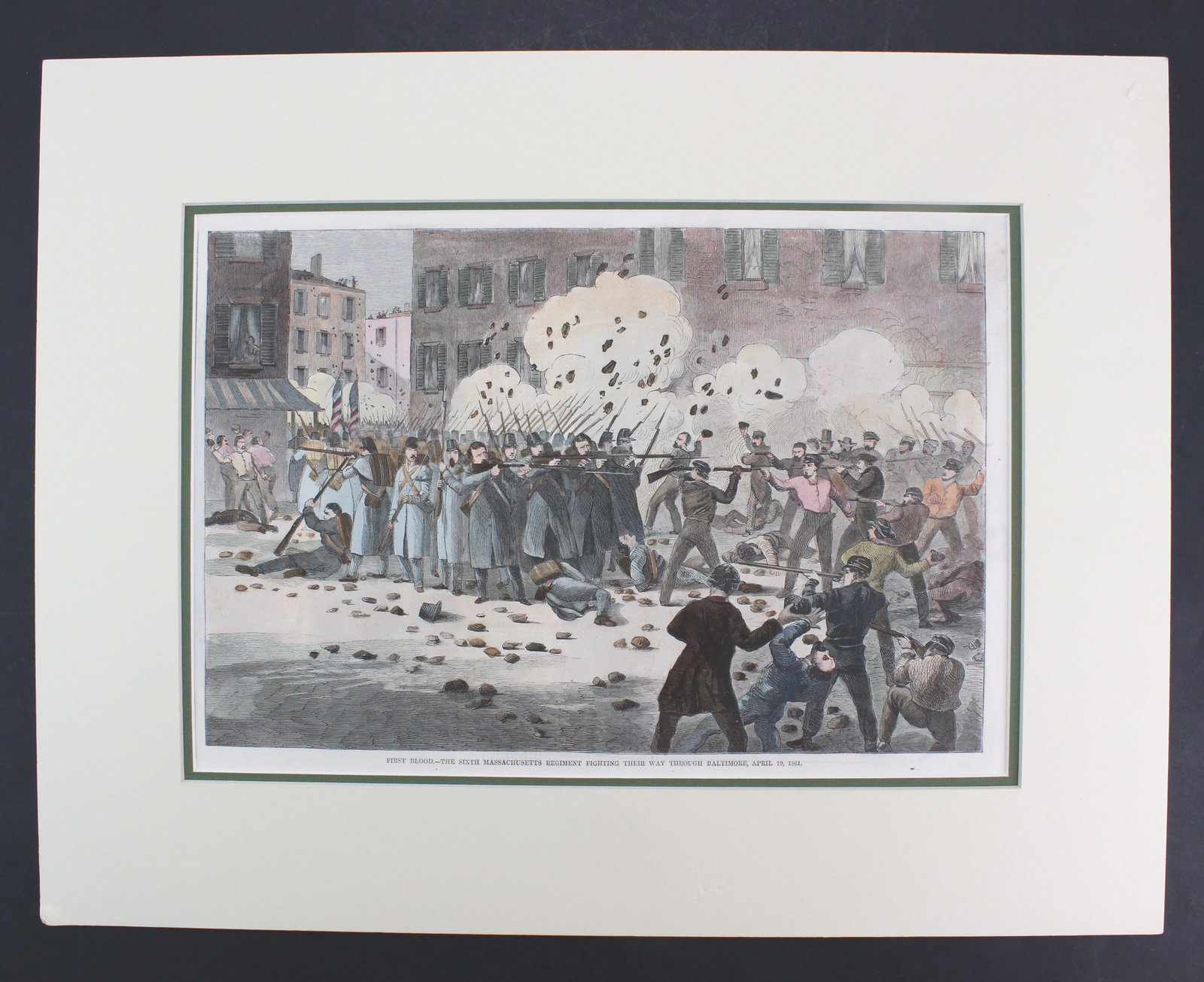 One Clipped Sheet From A 1861 Harper's Weekly: The sheet was from the magazine Harper's Weekly on May 4, 1861, the page 283 with a color chromatograph drawing titled "First Blood - The Sixth Massachusetts Regiment Fighting Their Way Through Baltim