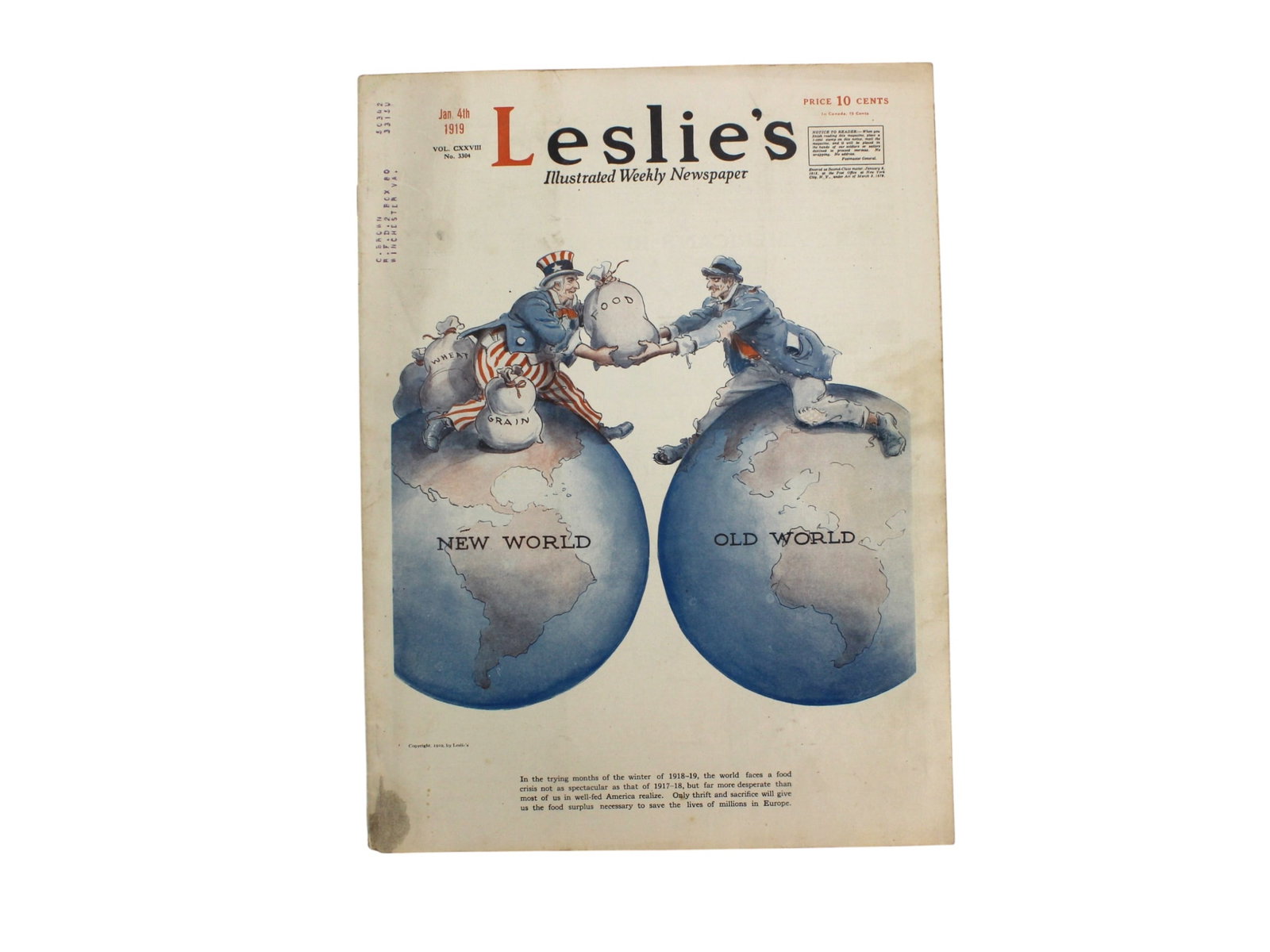 Leslie’s Weekly Jan 4, 1919 – New & Old World: January 4, 1919 issue of Leslie’s Weekly, featuring the “New World / Old World” cover illustration. Includes wartime articles, photos, and period ads. Condition: good vintage, with light soi