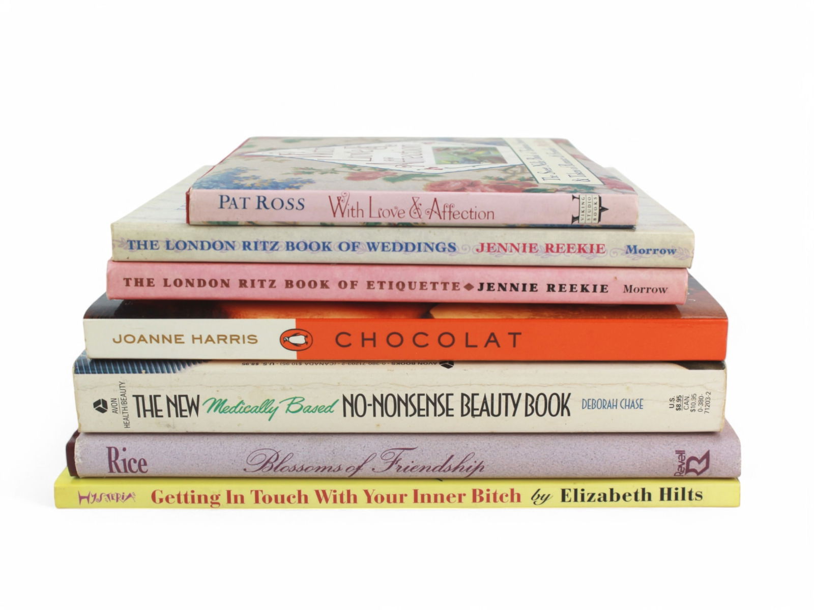 Seven Women's Interest and Self-Care Books: Including: 1) With Love & Affection by Pat Ross; 2) The London Ritz Book of Weddings by Jennie Reekie; 3) The London Ritz Book of Eyiquette by Jennie Reekie; 4) Chocolat by Joanne Harris; 5) The New
