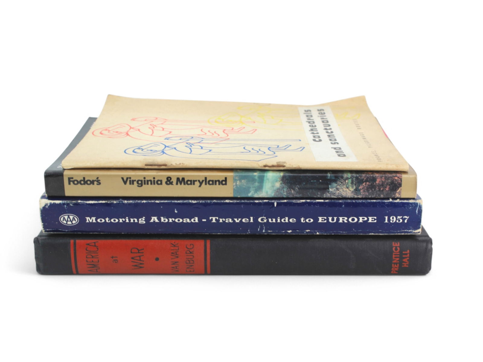 Four Travel and History Related Books: Including 1) America at War, A Geographical Analysis Edited by Van Valkenburg, 1943, Prentice-Hall Inc. 2) Fodor's Virginia & Maryland, Including Baltimore, Williamsburg and the Chesapeake Region, by