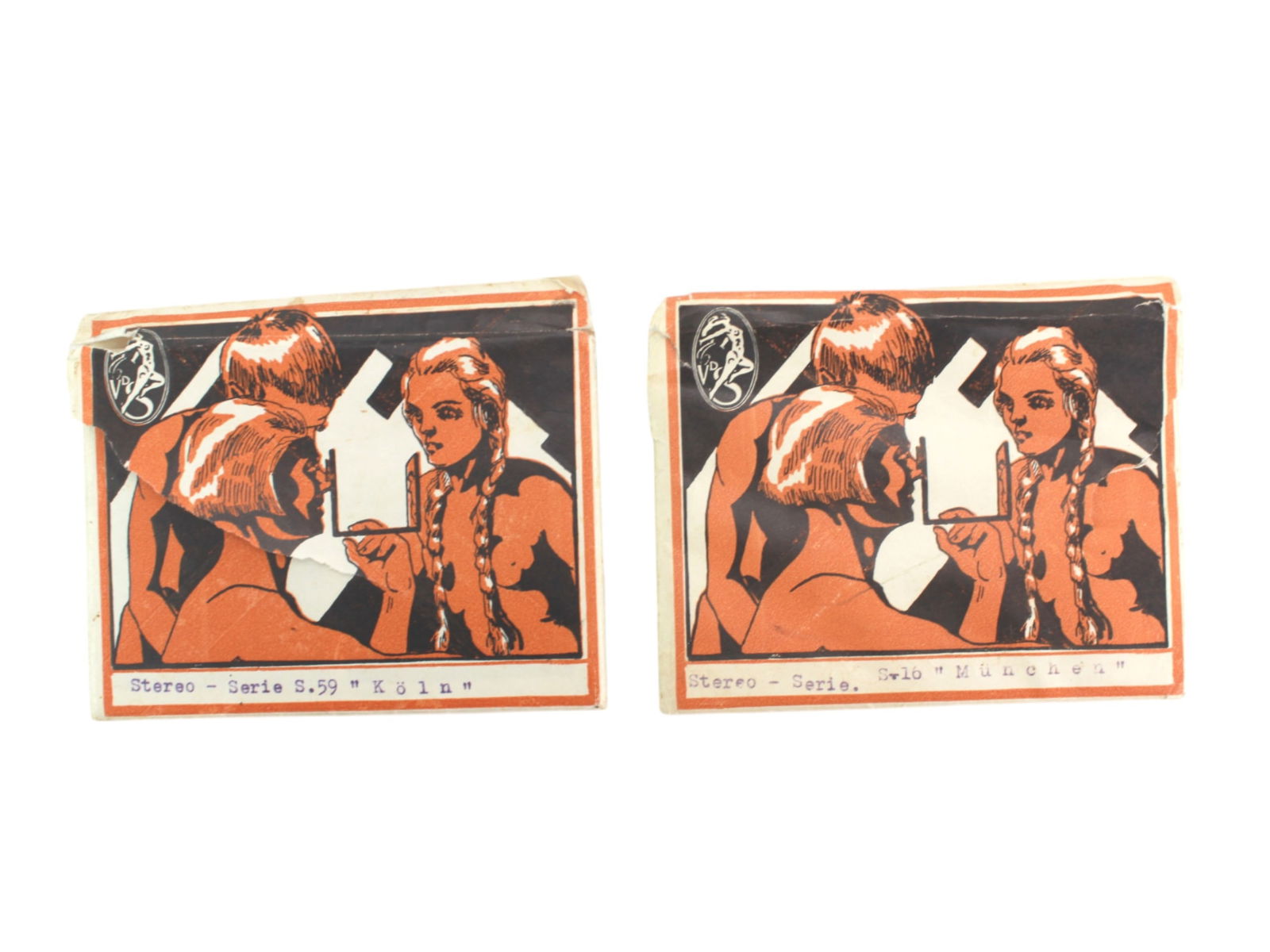 1960S Stereo Photos For Germany Koln & Munchen: A vintage 21 stereo photo set from mid-20th century Germany featuring 3D images of Cologne and Munich landmarks. Includes original illustrated envelopes and black-and-white stereoscopic views of histo