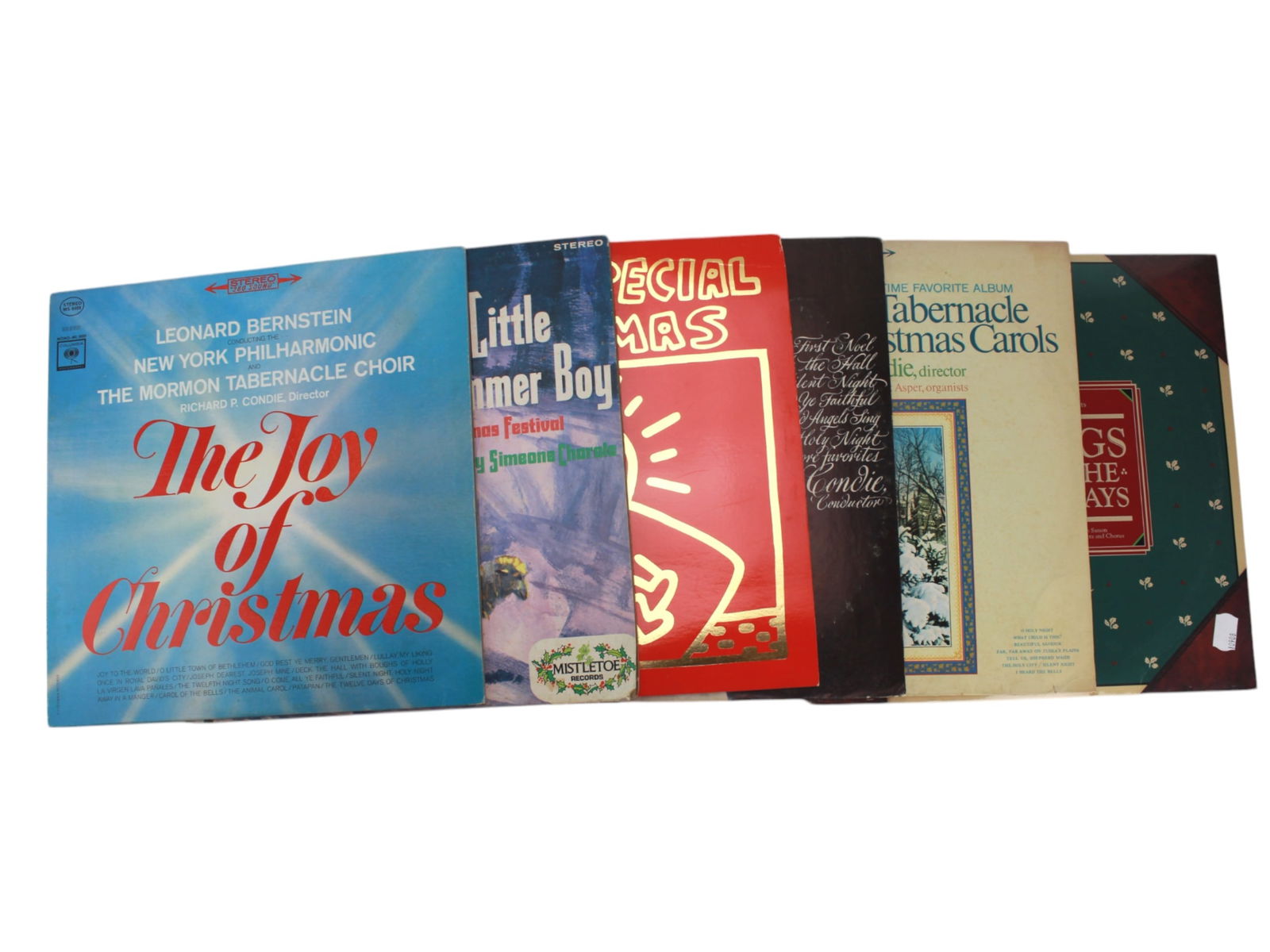 Six Christmas Music 12-inch Vinyl Records: Including: 1) The Joy of Christmas, Leonard Bernstein New York Philharmonic The Mormon Tablernacle Choir, Richard P. Condie Director; 2) The Little Drummer Boy, A Christmas Festival, the Harry Simeone