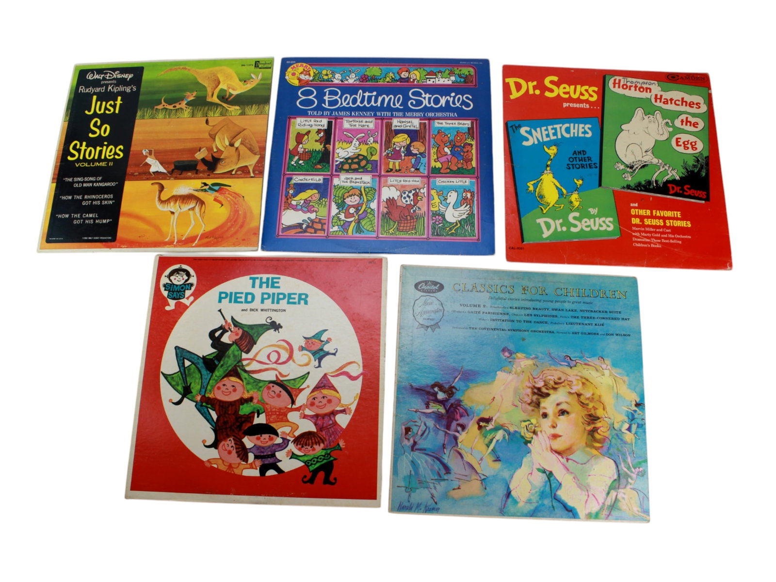 Five Children's 12-inch Vinyl Audio Records: Including: 1) Record Guild of America MFG., Co., Inc., Simon Says, The Pied Piper; 2) Capital, Classics for Children Volume 2, Told by Art Gilmore and Don Wilson, Performed by The Continental Symphony