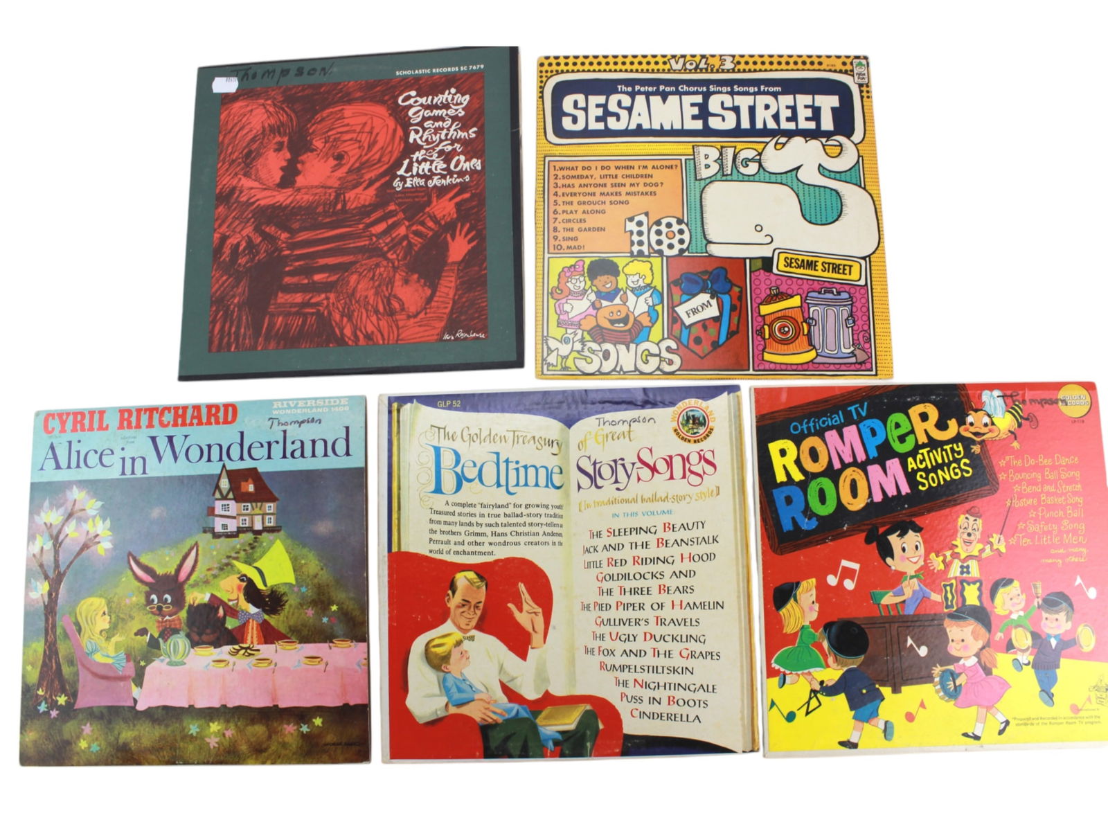 Five Children's 12-inch Vinyl Audio Records: Including: 1) Scholastic Records, Counting Games and Rhythms for the Little Ones by Ella Jenkins; 2) Golden Record, Treasury of Great Bedtime Story-Song; 3) Riverside Wonderland Series, Cyril Ritchard