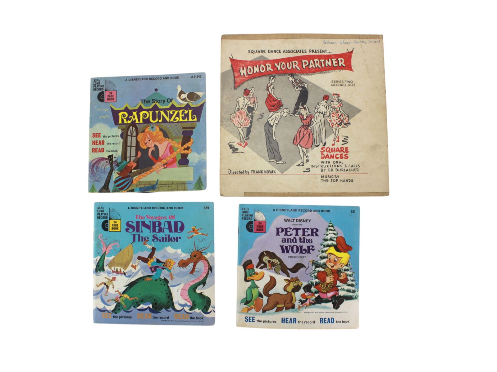 Four Children's Vinyl Audio Records: Including: 1) one 10-inch vinyl record, Square Dance Associates, Honor Your Partner; 2) 7-inch record, Disneyland, Peter and the Wolf; 3) 7-inch record, Disneyland Record The Voyages of Sinbad the Sai