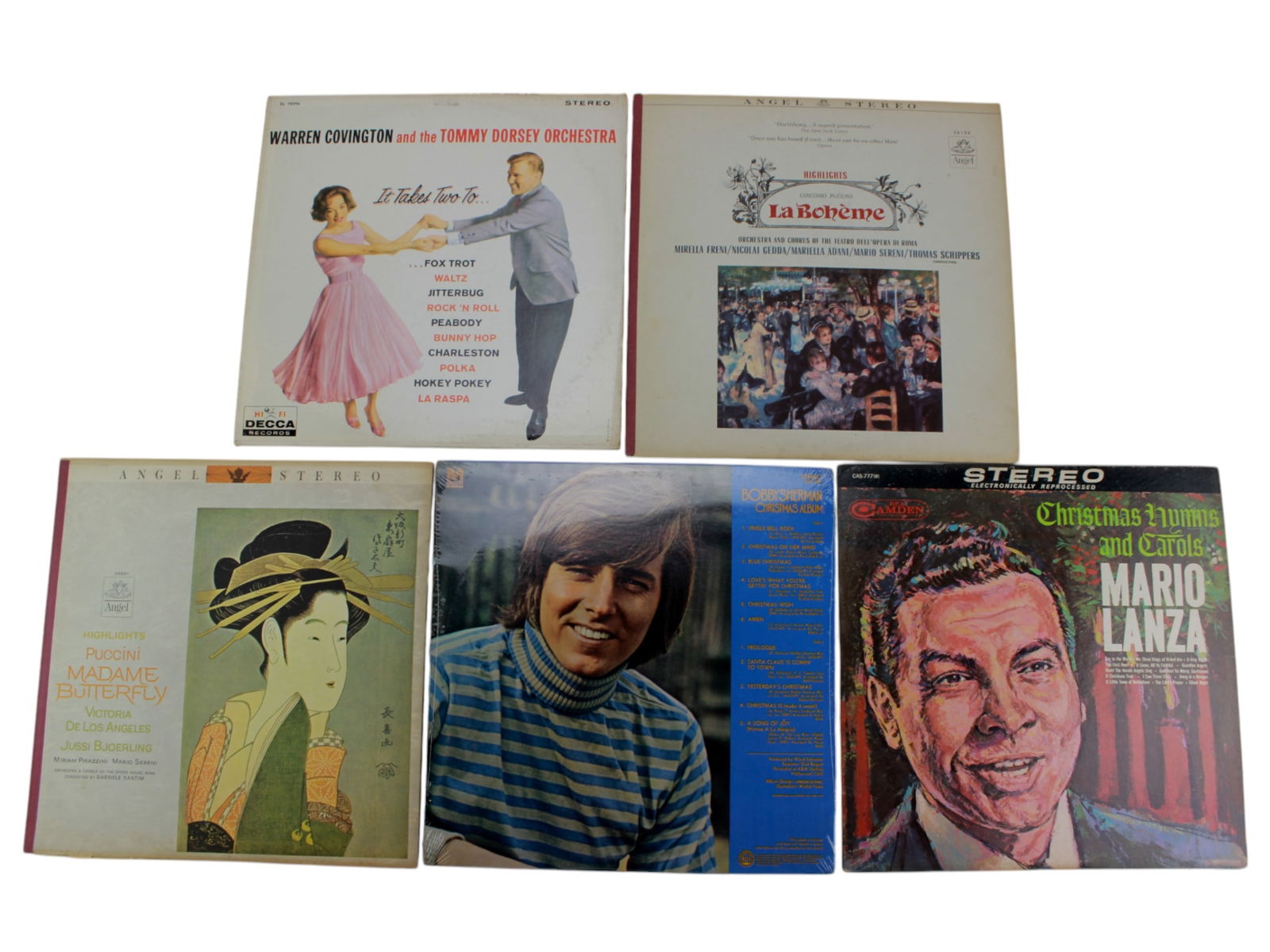 Five 12-inch Vinyl Audio Records: Including: 1) DECCA Records, Warren Covington and the Tommy Dorsey Orchestra; 2) Angel Stereo, Giacomo Puccini, Madame Butterfly; 3) Angel, Giacomo Puccini, Highlights LaBoheme, Orchestra and Chorus o
