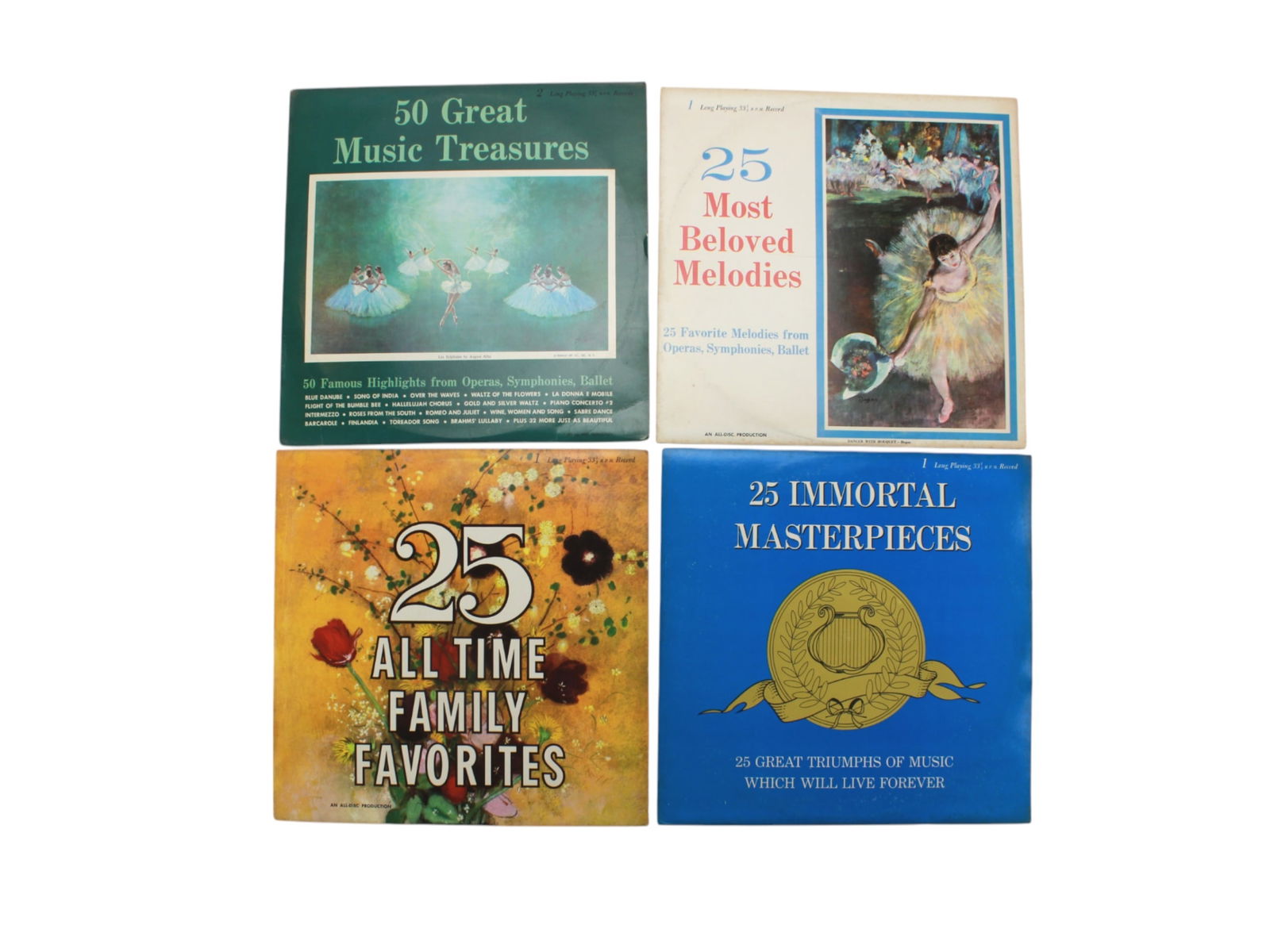 Four Sets Of 12-inch Vinyl Audio Records: Including: 1) 50 Great Music Treasures, with two records; 2) Keel MFG, 25 Immortal Masterpieces, 25 Great Triumphs of Music Which Will Live Forever; 3) All-Disc Production, 25 All Time Family Favorite