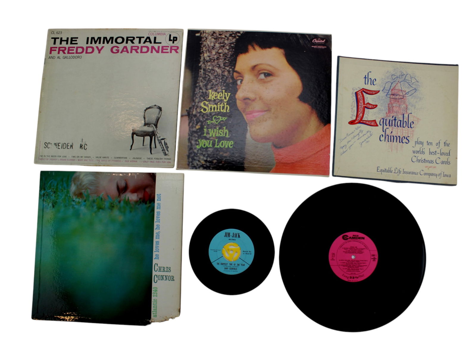 Six Various Vinyl Audio Records: Including: 1) Columbia, The Immortal, Freddy Gardner and Al Gallodoro; 2) Atlantic Recording, Chris Connor, He Loves me, He Loves me not; 3) Capitol Records, Keely Smith, I Wish You Love; 4) The Equit