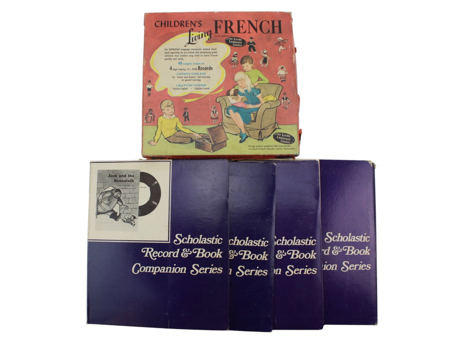 Two Set of Children's Vinyl Audio Records: Including 1) A Set of four 10-inch Records for Children's Living French, Crown Publishers, The Living Language Course; 2) Four 7-inch records for Scholastic Record & Book Companion Series, with "Jack