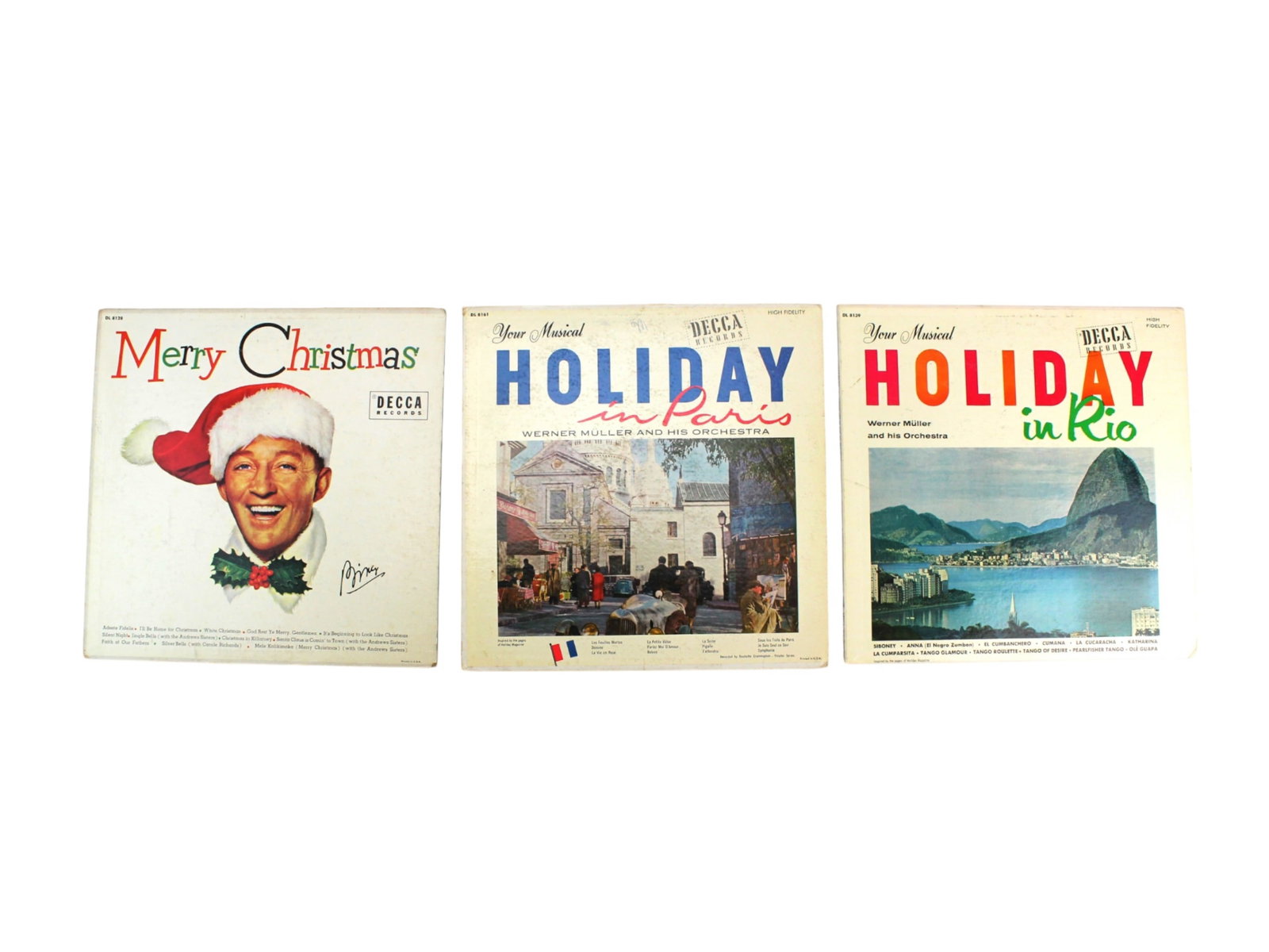 Set of 3 Vintage Decca LPs: Bing Crosby & Müller: A lot of three vintage Decca Records 33? RPM vinyl LPs, including "Merry Christmas" by Bing Crosby (DL 8128) and "Your Musical Holiday in Paris" (DL 8161) and "Your Musical Holiday in Rio" (DL 8139),