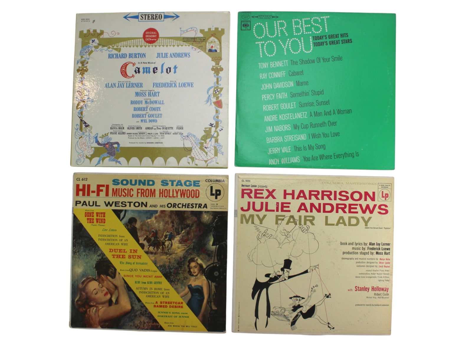 Broadway & Hollywood Classics Vinyl Collection: A charming set of 4 vintage vinyl records capturing classic Broadway and Hollywood soundtracks: 1) Camelot (Original Broadway Cast) – Featuring Richard Burton and Julie Andrews; 2) Our Best to You �