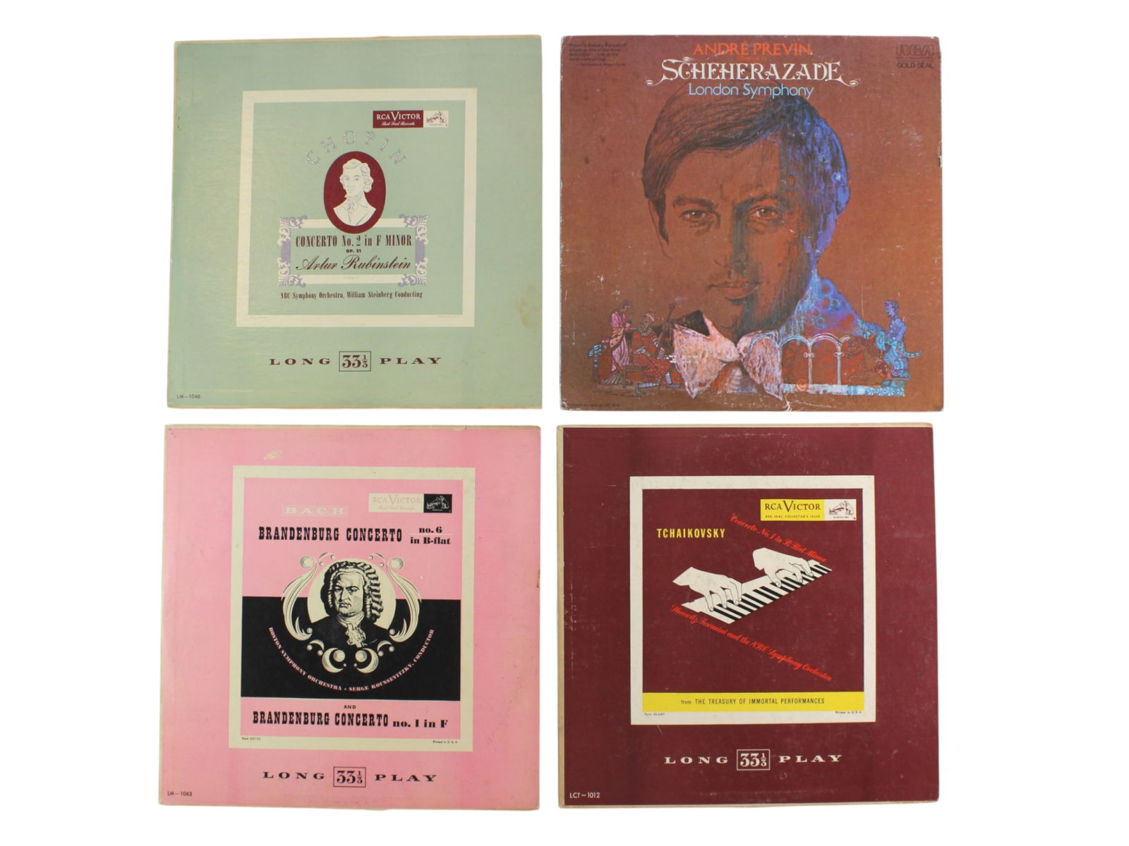 Four Vinyl Set: Chopin, Bach, Tchaikovsky & More: This is a collection of four vintage 33? RPM classical LP records from RCA Victor’s Red Seal and Gold Seal series. The set includes: 1) Chopin - Concerto No. 2 in F Minor, performed by Artur Rubinst