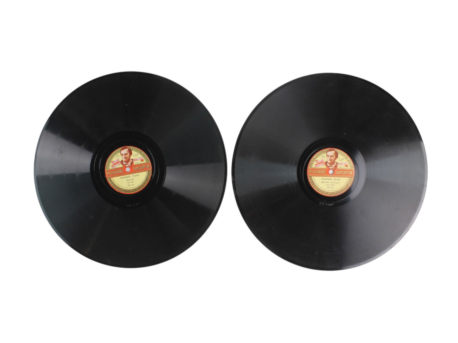 Wagner Parsifal Prelude Vinyl Records (4-Part Set): A vintage 2-record (4-side) set of Wagner: Parsifal Prelude, issued by Philharmonic Transcription under the "World's Greatest Music" series. Each side is labeled as Part One (SR-12-A), Part Two (SR-12