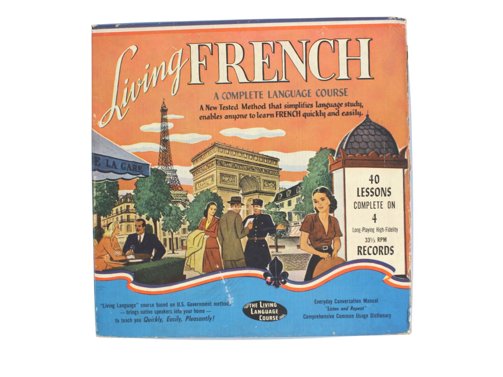Living Language French Course – 4 Record Set: This is a vintage "Living Language" French course set published by Crown Publishers in 1955, consisting of four 10 inches long-playing (33? RPM) vinyl records. The course includes 40 audio lessons, co