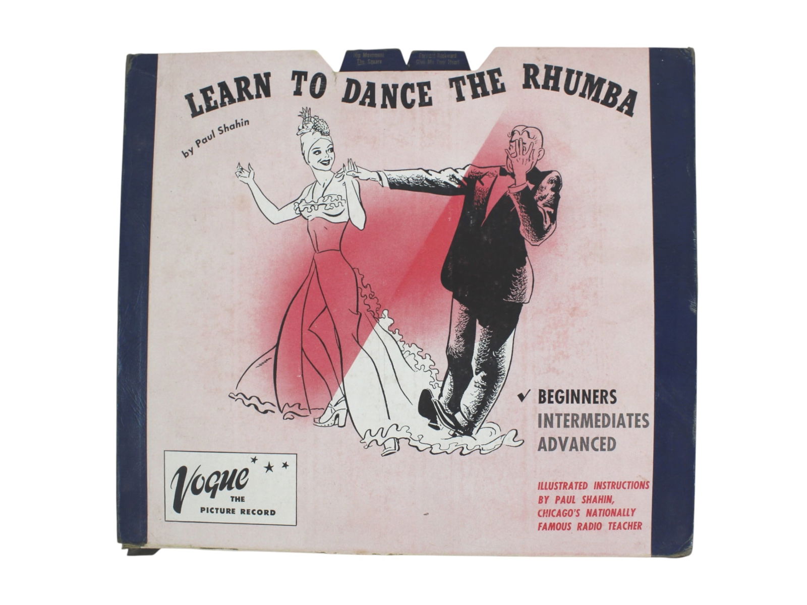 Learn to Dance the Rhumba Vogue Record Set: Vintage Vogue picture record set titled Learn to Dance the Rhumba by Paul Shahin. Includes two 10 inches illustrated instructional vinyls with dance steps, foot diagrams, and original box. Covers begi