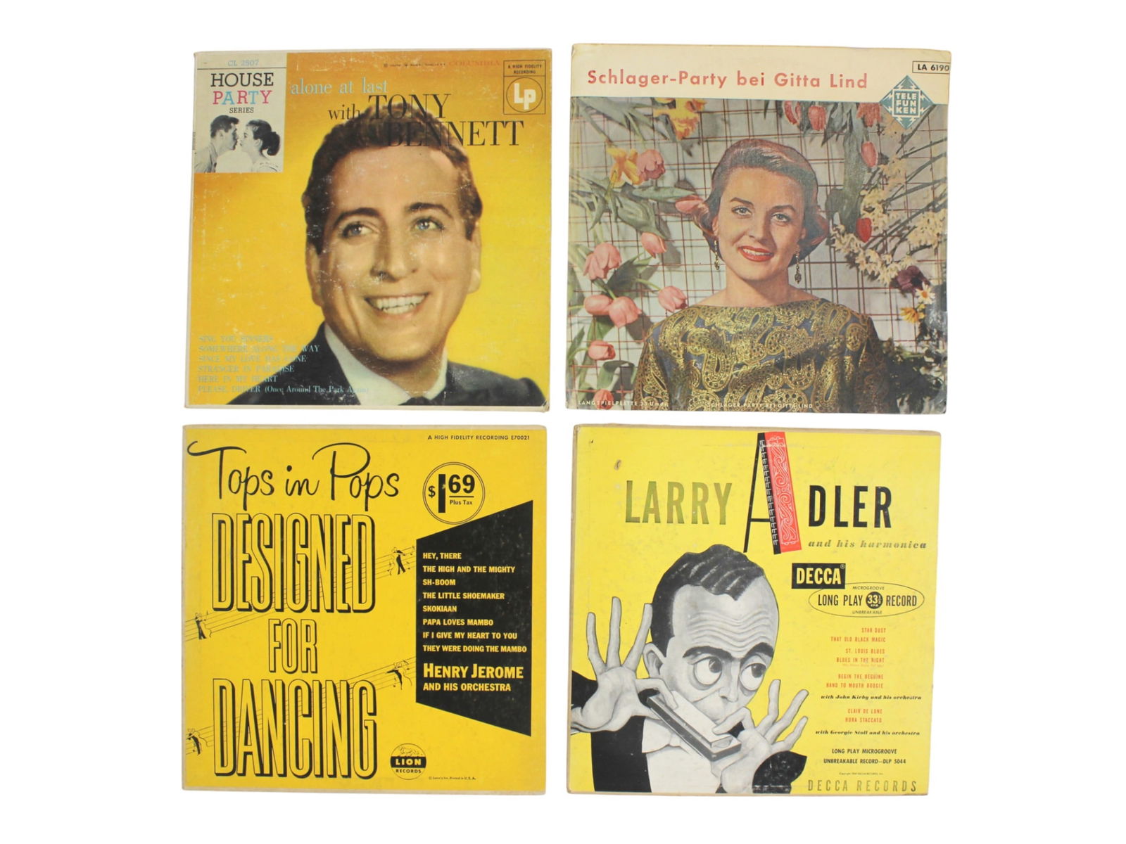 Vintage 10" LP Set: Bennett, Lind, Jerome, Adler: A group of four vintage 10" LP vinyl records by Tony Bennett, Gitta Lind, Henry Jerome, and Larry Adler, spanning vocal jazz, Schlager, swing, and harmonica music. Covers show moderate wear with creas