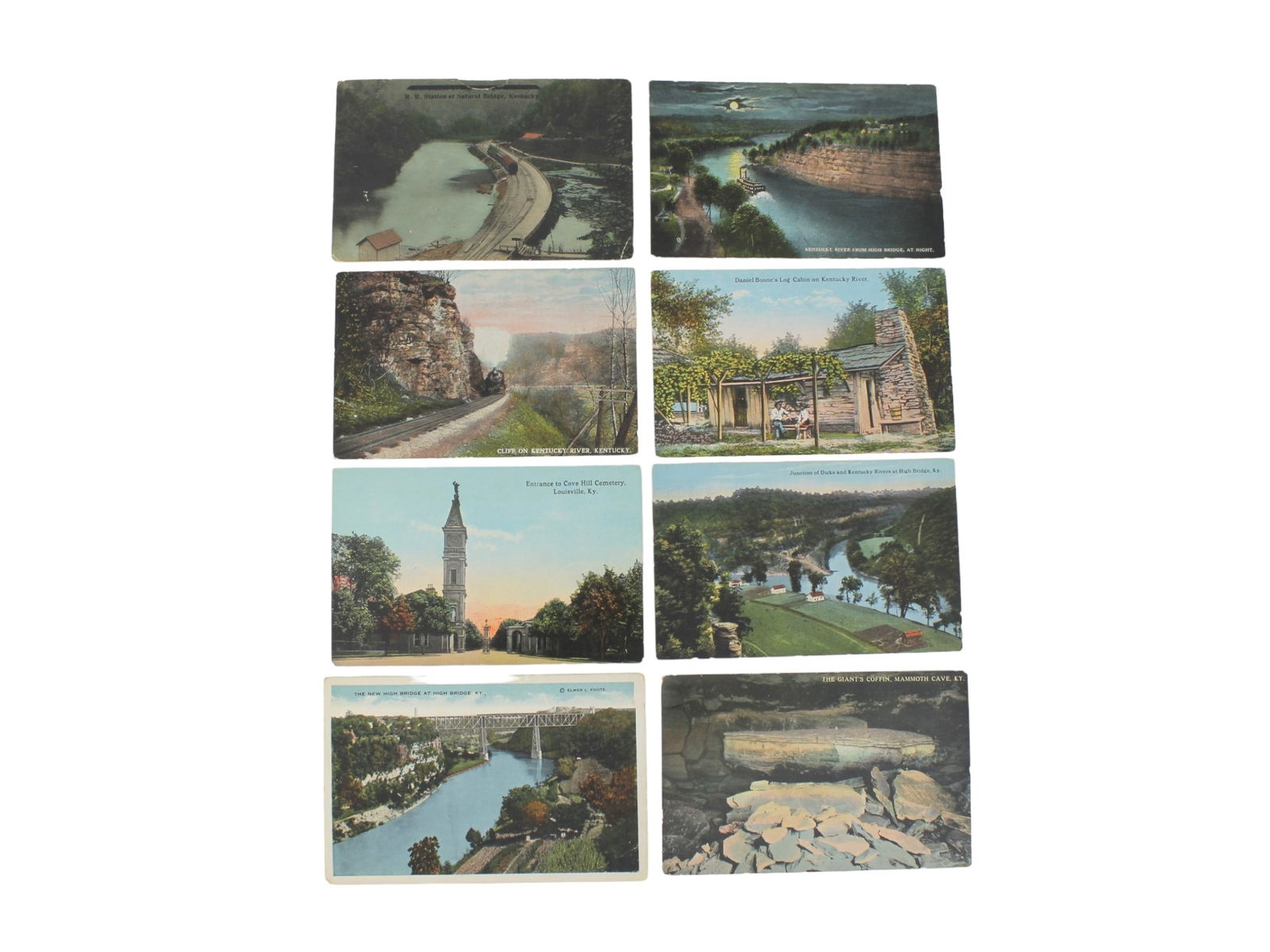 Early 1910s Kentucky Scenic Postcard Collection: Vintage postcard depicting notable Kentucky landmarks, including Natural Bridge R.R. Station, Cove Hill Cemetery entrance, High Bridge views, Mammoth Cave’s Giant’s Coffin, Daniel Boone’s log ca
