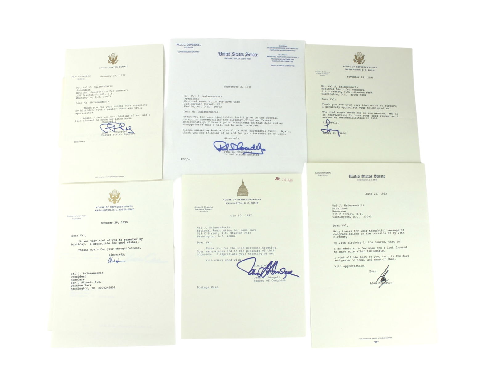 Six Autographs From Congressmen & Senators: A collection of six signed letters from U.S. Senators and Representatives (1987–1998) addressed to Val J. Halamandaris, expressing appreciation for birthday wishes and professional correspondence. I