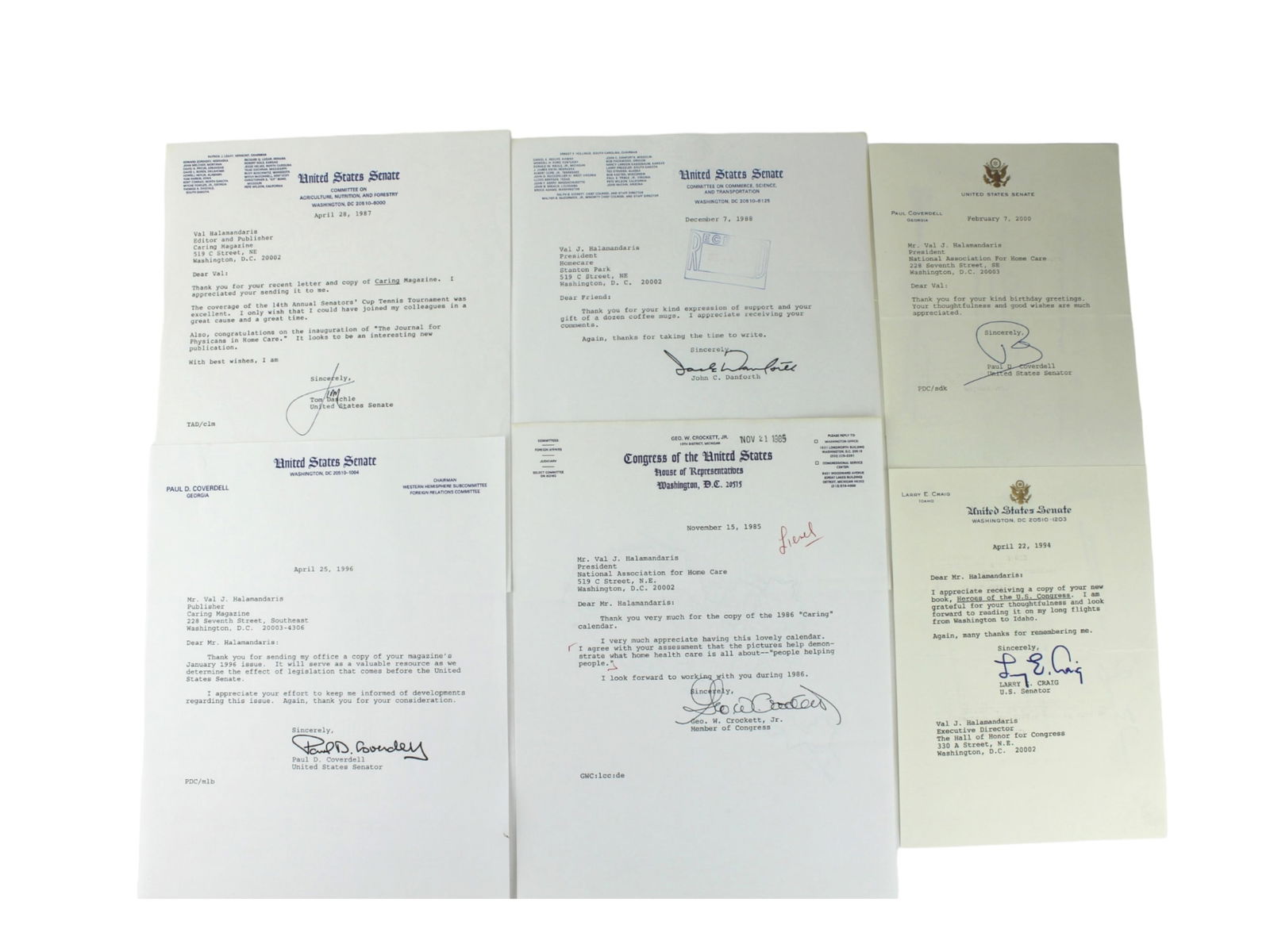Collection of 6 U.S. Congressional Signed Letters: A curated set of 6 original typed letters signed (TLS) by various U.S. Senators and Representatives addressed to Val J. Halamandaris. These letters span from the 1980s to early 2000s and contain expre