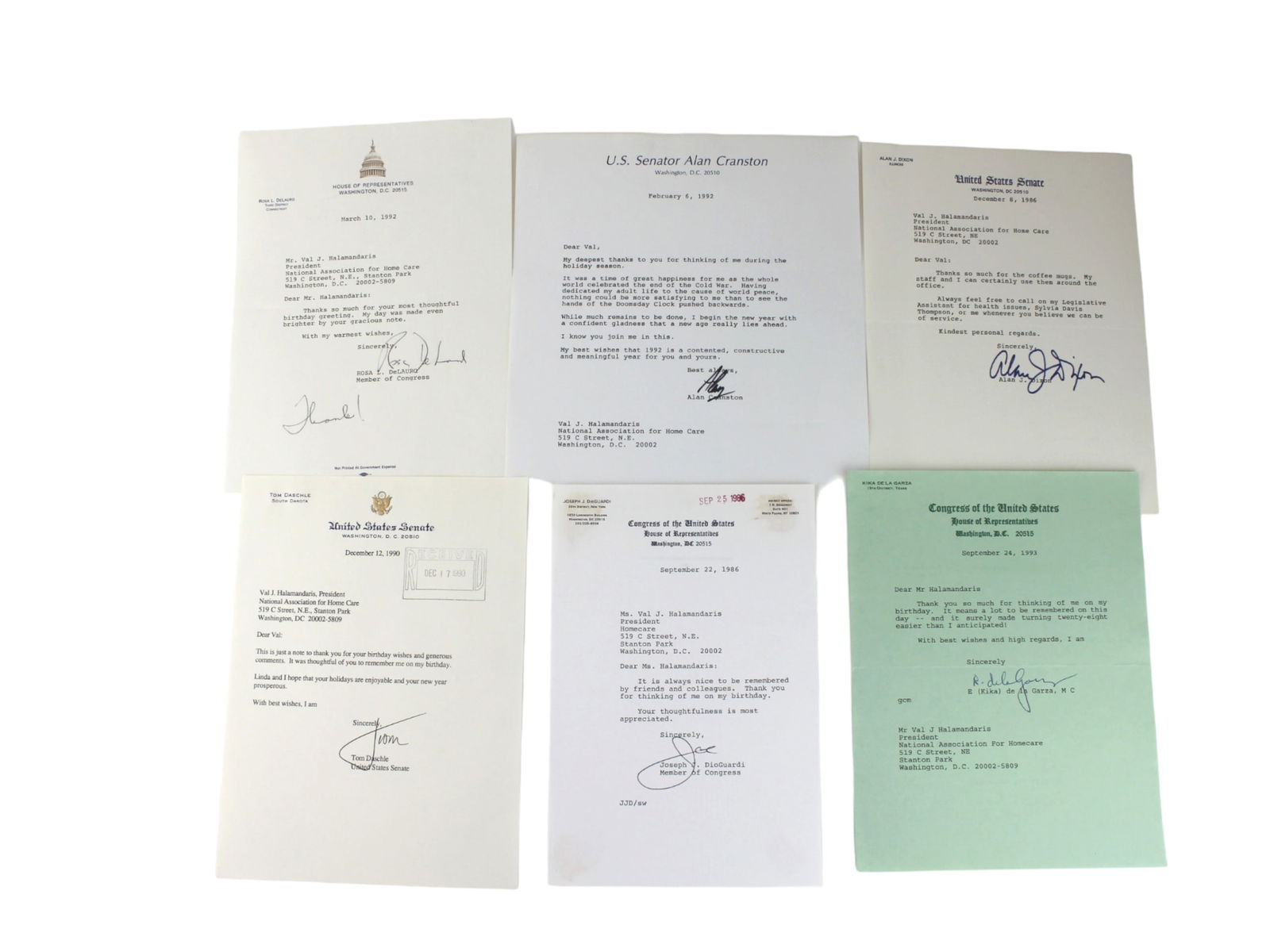 Collection of Congressional Signed Thanks Letters: A collection of six signed letters from U.S. Senators and Representatives (1986–1993) to Val J. Halamandaris, expressing gratitude for birthday greetings, holiday gifts, and shared publications. Sig