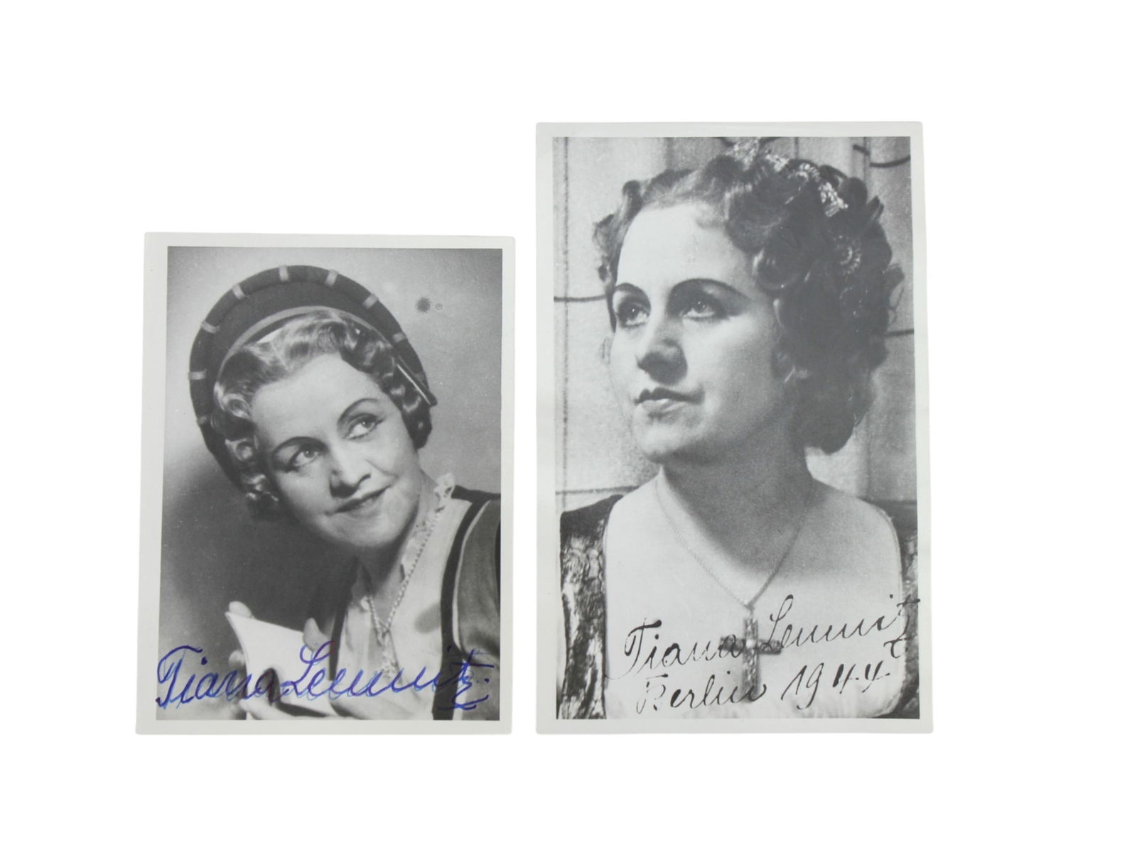 Two Photos of German Opera Singer Tiana Lemnitz: This lot includes two vintage black-and-white photographs of German soprano Tiana Lemnitz (1897-1994, a German operatic soprano), each hand-signed by the artist. One photo is dated “Berlin