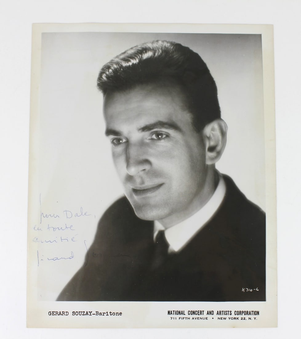 Signed Portrait of Gérard Souzay, French Baritone: A black and white promotional photograph of famed French baritone Gérard Souzay (1918 – 2004, a French baritone) , produced by the National Concert and Artists Corporation, New York. The photo is p