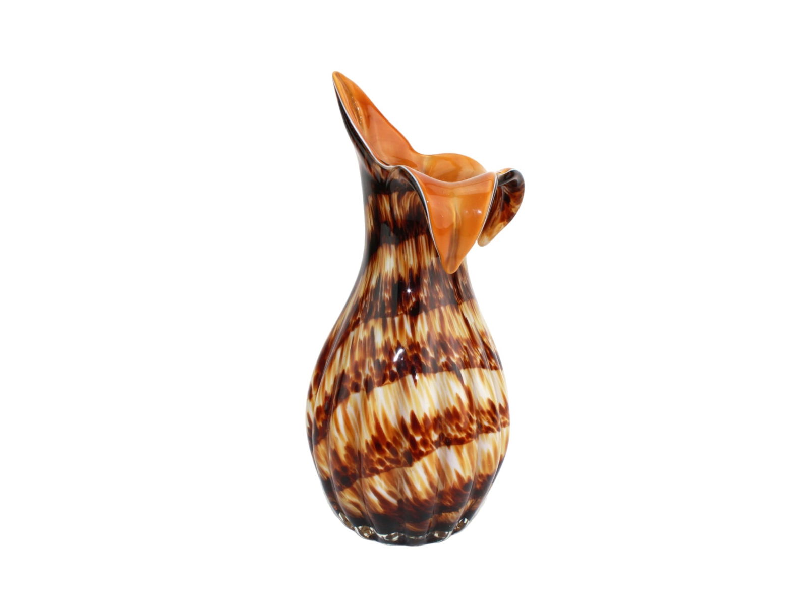 Hand-Blown Art Glass Pitcher with Ruffled Rim: Hand-blown art glass pitcher with a flared ruffled rim and tortoiseshell pattern in amber, brown, and cream tones. Decorative and sculptural, approximately 13 in. tall.