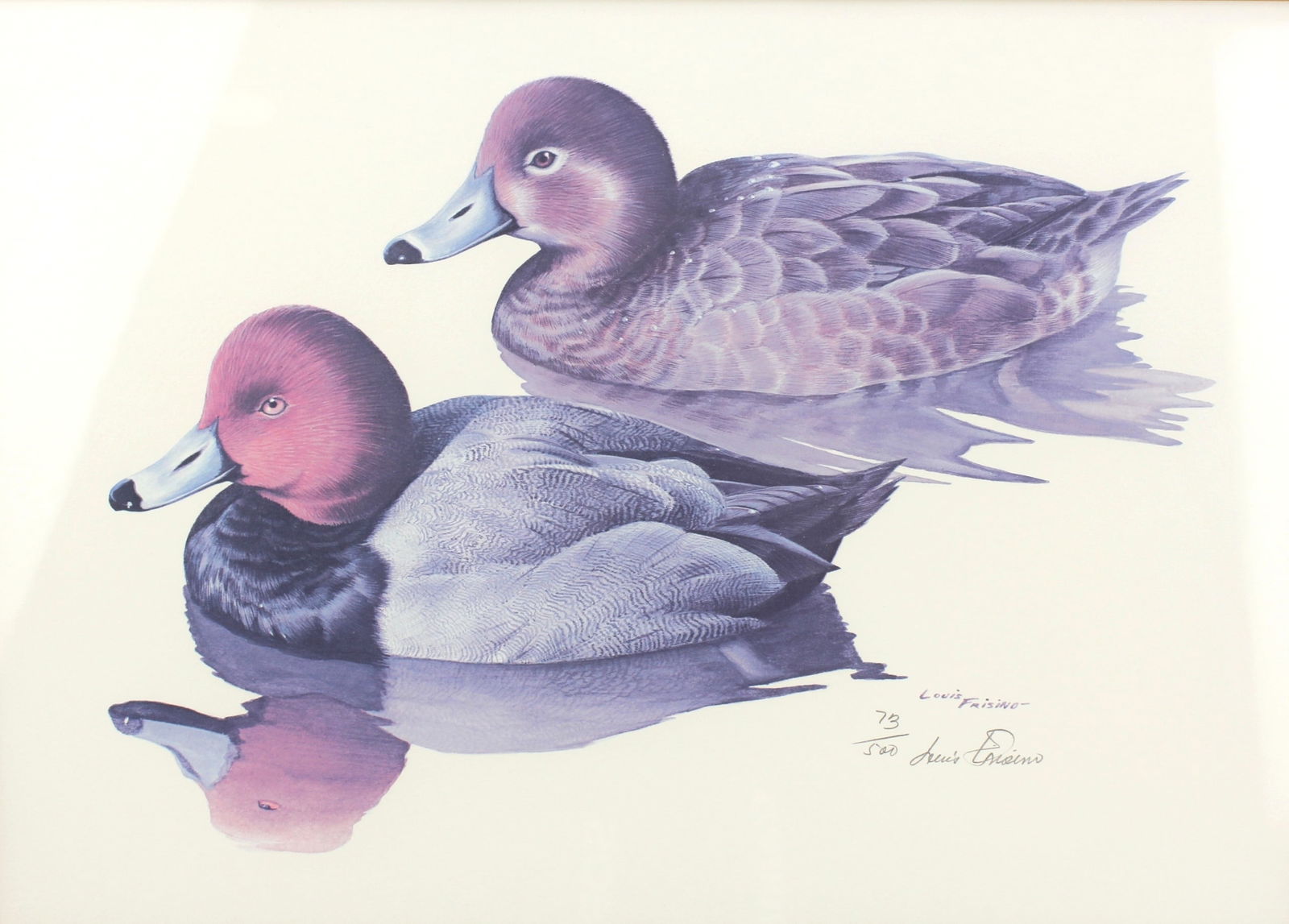 Louis Frisino,Redhead Duck Pair, Signed Lithograph: Limited edition lithograph by Louis Frisino (1934 - 2020) featuring a male and female redhead duck gliding on calm water. Hand-signed and numbered 73/500, matted and framed. The Frame measures Approx.