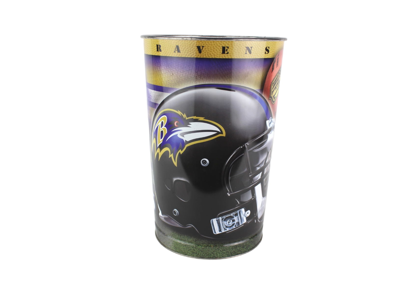 Collectible Baltimore Ravens NFL Tin Waste Bin: Baltimore Ravens NFL metal waste bin with bold team graphics and official hologram sticker. Measures approx. 15" tall; interior shows rust and wear.