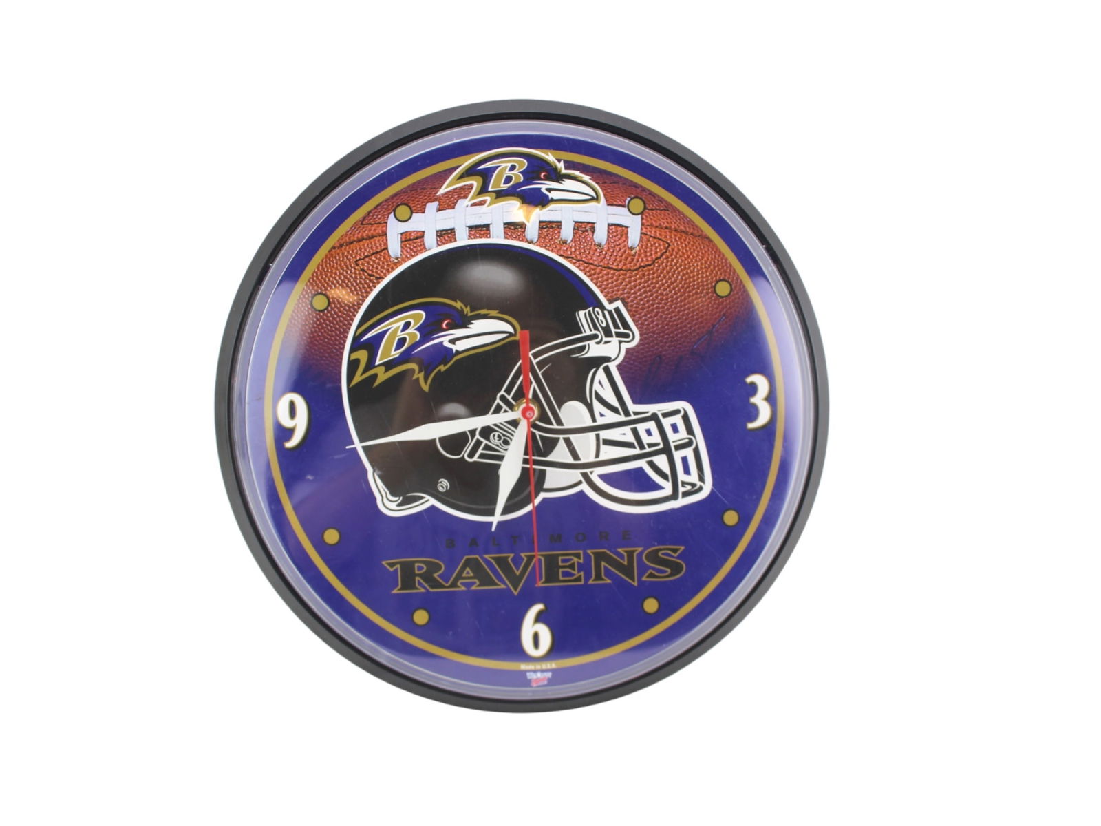 Collectible Baltimore Ravens NFL Wall Clock: Baltimore Ravens wall clock with helmet and football design, 12 1/2-inch diameter.